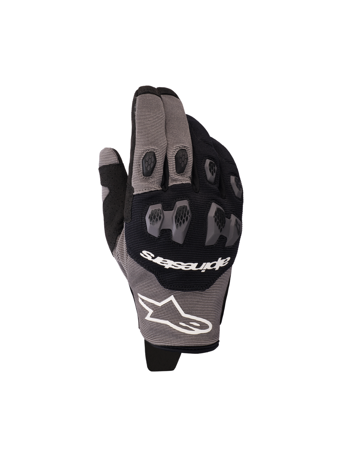 Guanti Alpinestars 2026 Pro-Dura, guanti da moto, nero e grigio, con protezione per le nocche in TPR bi-componente e motivo esagonale, logo Alpinestars bianco, struttura in mesh e multi-pannello elasticizzato, progettati per prestazioni enduro e fuoristrada.