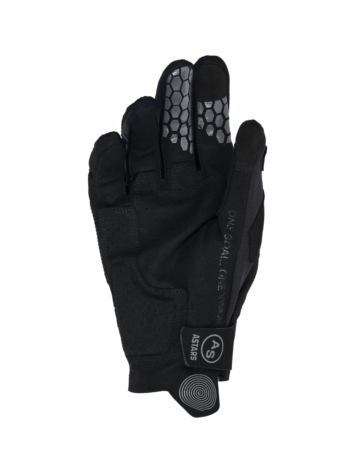 Alpinestars 2026 Radar Pro Gloves, guanti da motocross, nero, vista del palmo con costruzione in pelle scamosciata sintetica, grip in silicone grigio a nido d'ape su indice e medio, testo "One Goal. One Vision." lungo il lato e cinturino di chiusura a strappo con logo AS