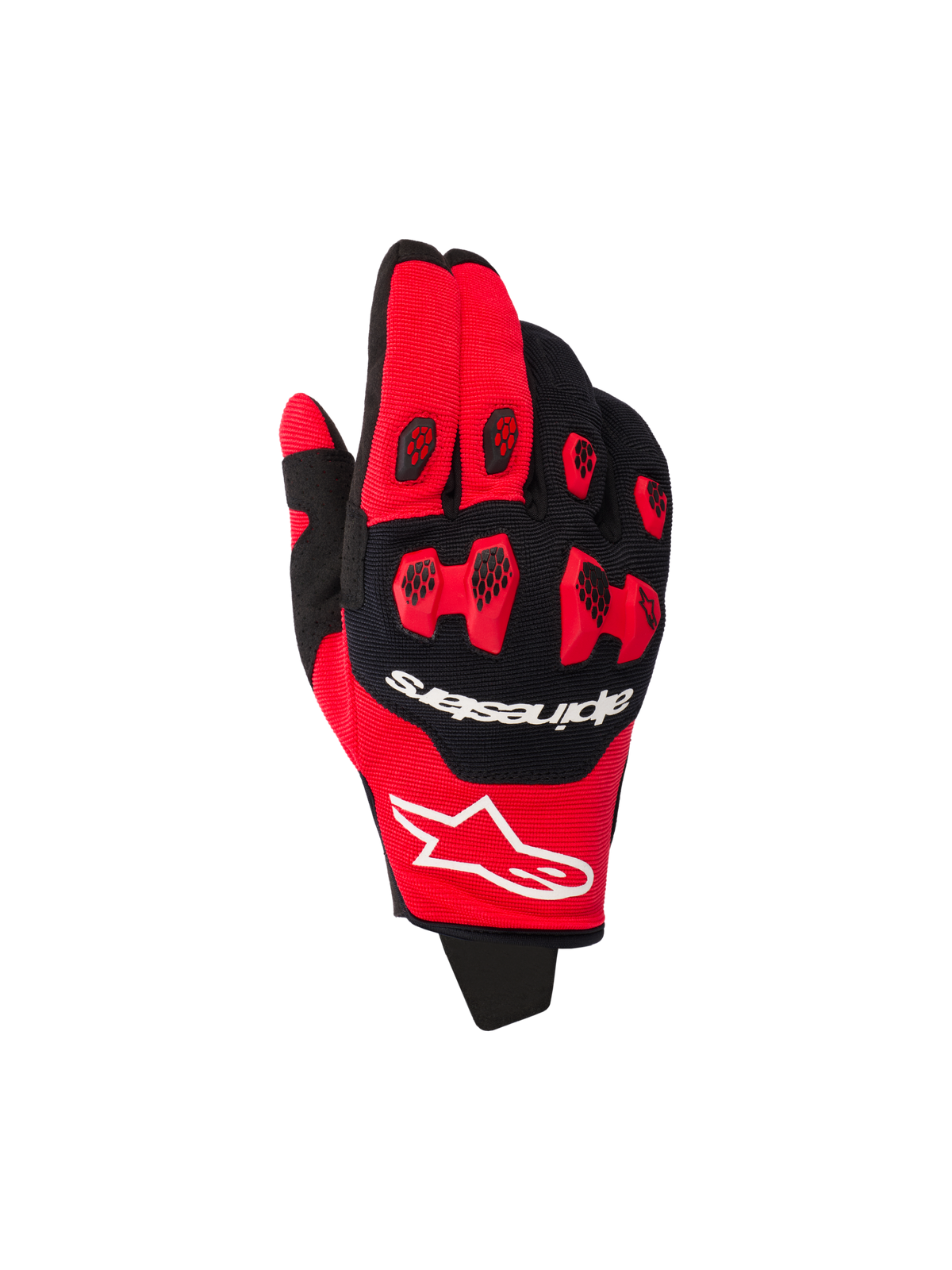 Alpinestars 2026 Pro-Dura Gloves, guanti da motocross, rosso acceso e nero, con protezione per le nocche in TPR rosso e inserti neri a nido d'ape, loghi bianchi del marchio, struttura elasticizzata multi-pannello per gare fuoristrada