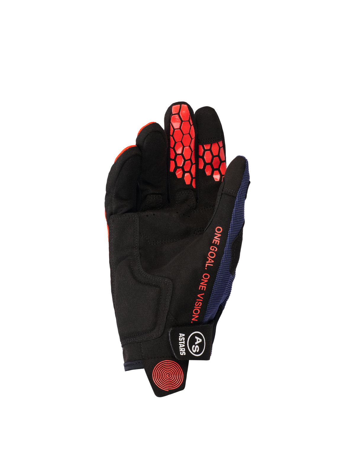Guanti Alpinestars Pro-Dura 2026, vista del palmo, blu navy, arancione e bianco, palmo in pelle scamosciata sintetica nera con grip esagonale in silicone arancione sulle dita, scritta arancione 'ONE GOAL. ONE VISION.' e chiusura del polso nera con logo bianco.