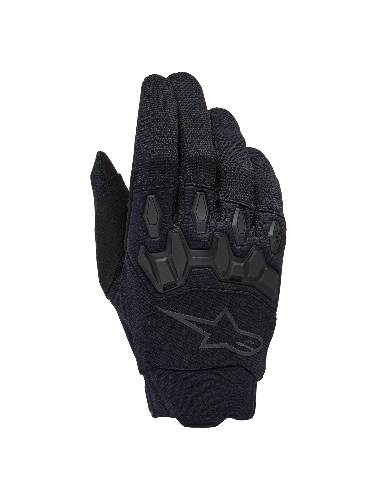 Alpinestars Full Bore V2 Gloves, guanti da motocross neri, con protezioni nocche ergonomiche in TPR e tessuto elasticizzato traspirante, discreto logo a stella nero sul dorso, equipaggiamento per fuoristrada ad alte prestazioni