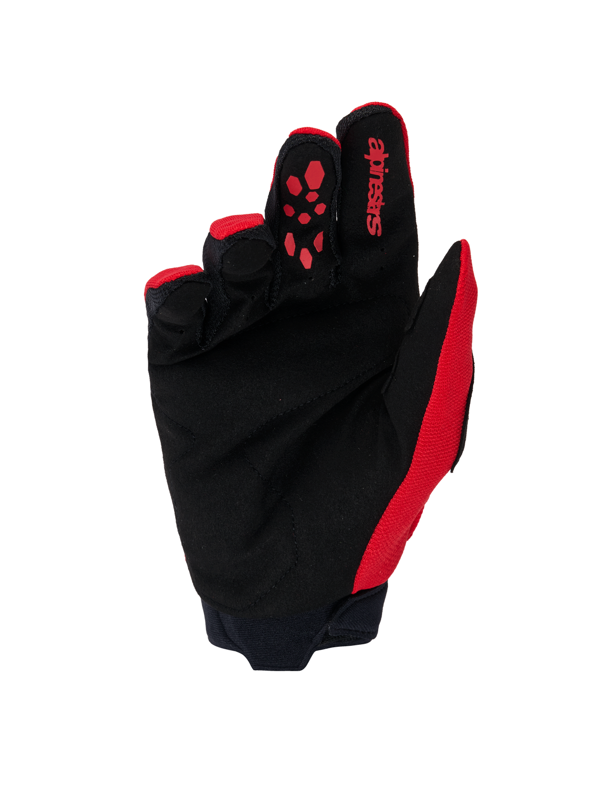 Guanti Alpinestars Full Bore V2, guanti da motocross, rosso acceso e nero, vista del palmo con scamosciato sintetico nero rinforzato, grip in silicone rosso sull'indice, marchio Alpinestars e polsino in neoprene