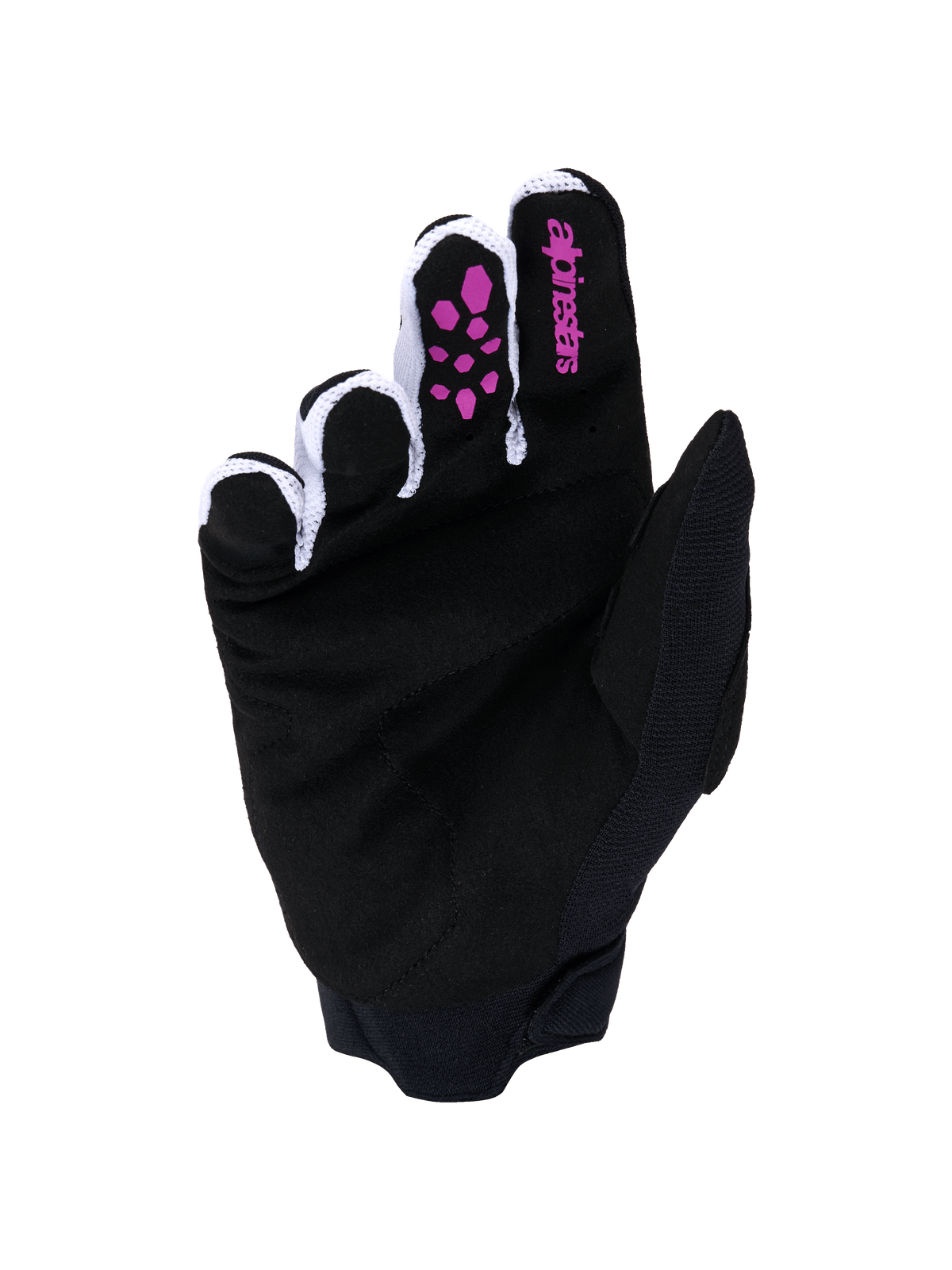 Guanti Alpinestars Full Bore V2, guanti da motocross, viola e nero, vista del palmo con pelle scamosciata sintetica nera, grip in silicone viola sulle dita, logo Alpinestars sull'indice, mesh ventilata bianca tra le dita e polsino in neoprene nero