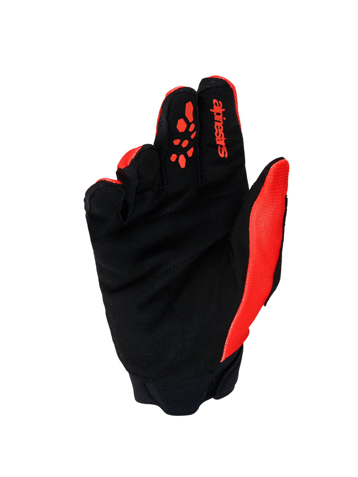 Guanti Alpinestars Full Bore V2, guanti da motocross, arancione e nero, vista lato palmo che mostra il palmo in scamosciata sintetica rinforzata, inserti in silicone arancione sulle dita, logo Alpinestars rosso sull'indice e polsino in neoprene