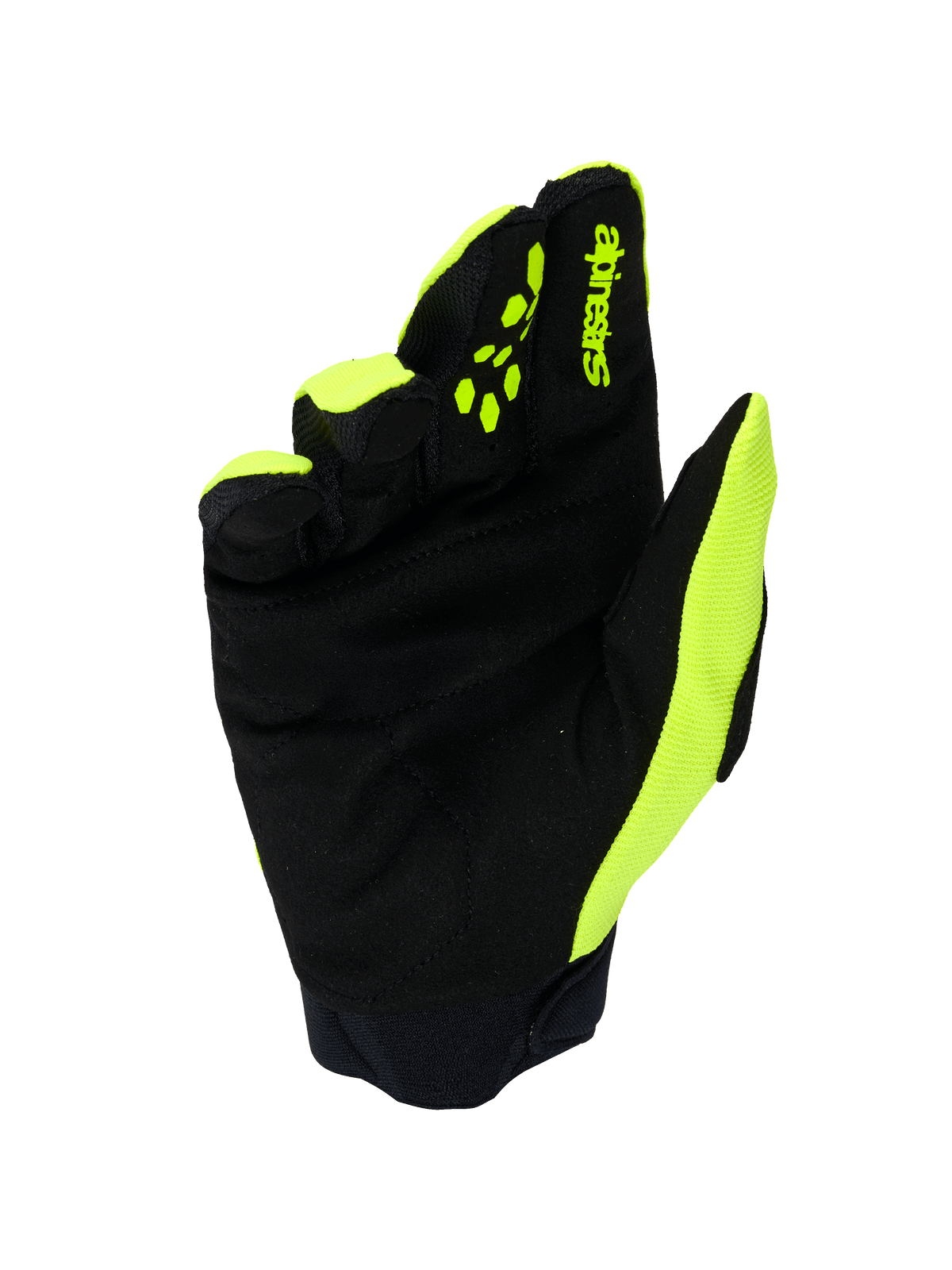 Guanti Alpinestars Full Bore V2, guanti da motocross, giallo fluo e nero, vista del palmo con pelle scamosciata sintetica rinforzata, polsino in neoprene e dettagli giallo brillante sui lati e sulle dita