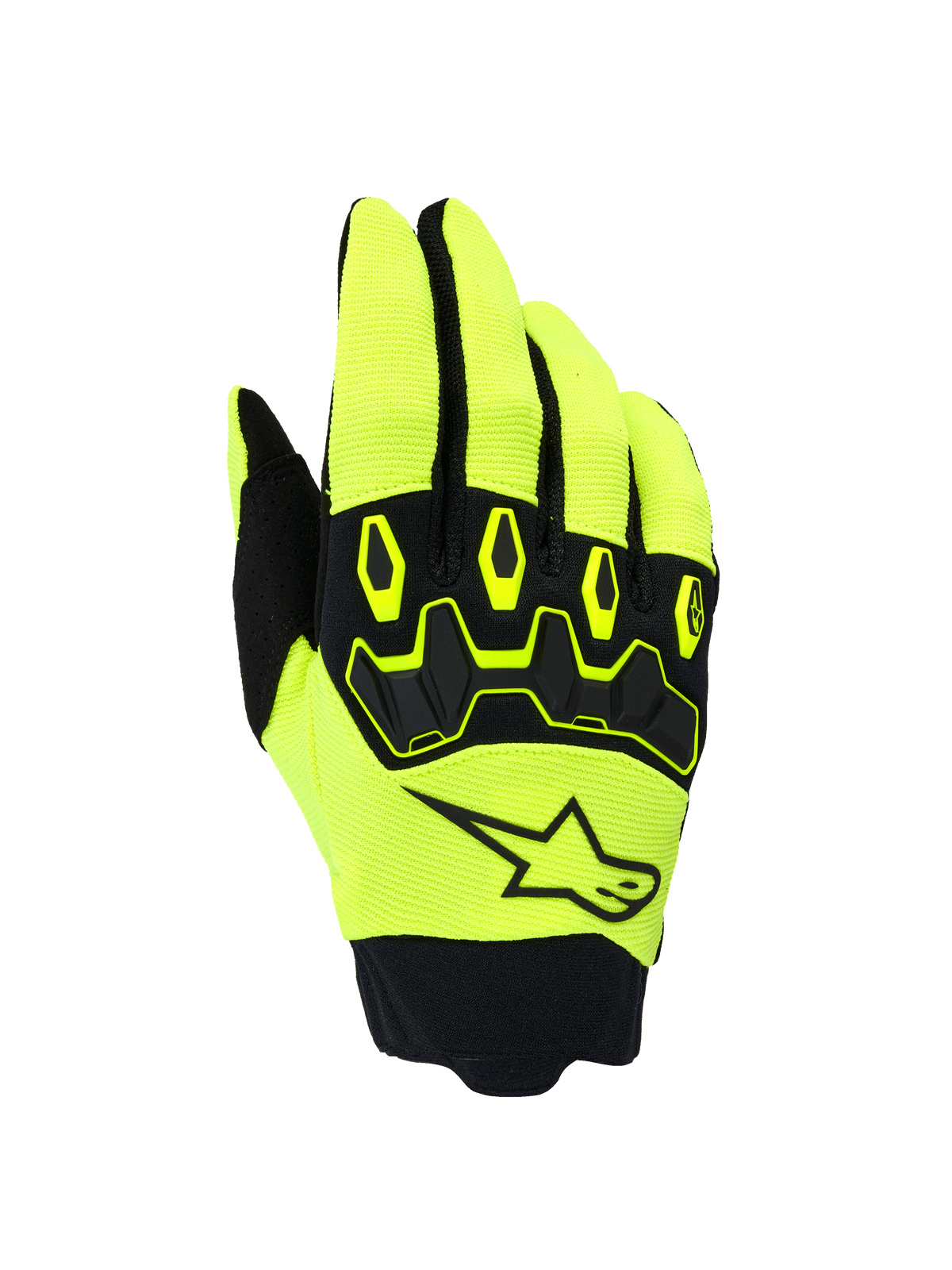 Guanti Alpinestars Full Bore V2, guanti da motocross off-road, giallo fluo e nero, con protezione ergonomica delle nocche in TPR e logo Alpinestars a stella sul dorso, tessuto elasticizzato traspirante con polsino in neoprene