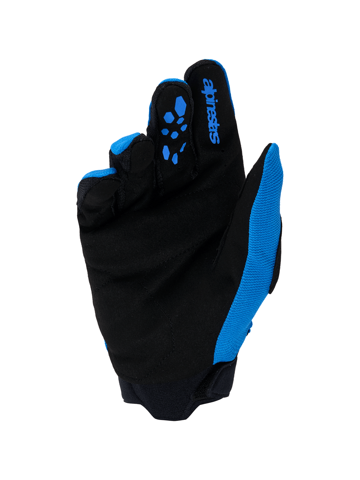 Guanti Alpinestars Full Bore V2, guanti da motocross, blu UCLA e nero, vista del palmo in pelle scamosciata sintetica rinforzata, inserti in silicone blu sulle dita, logo Alpinestars e polsino in neoprene resistente