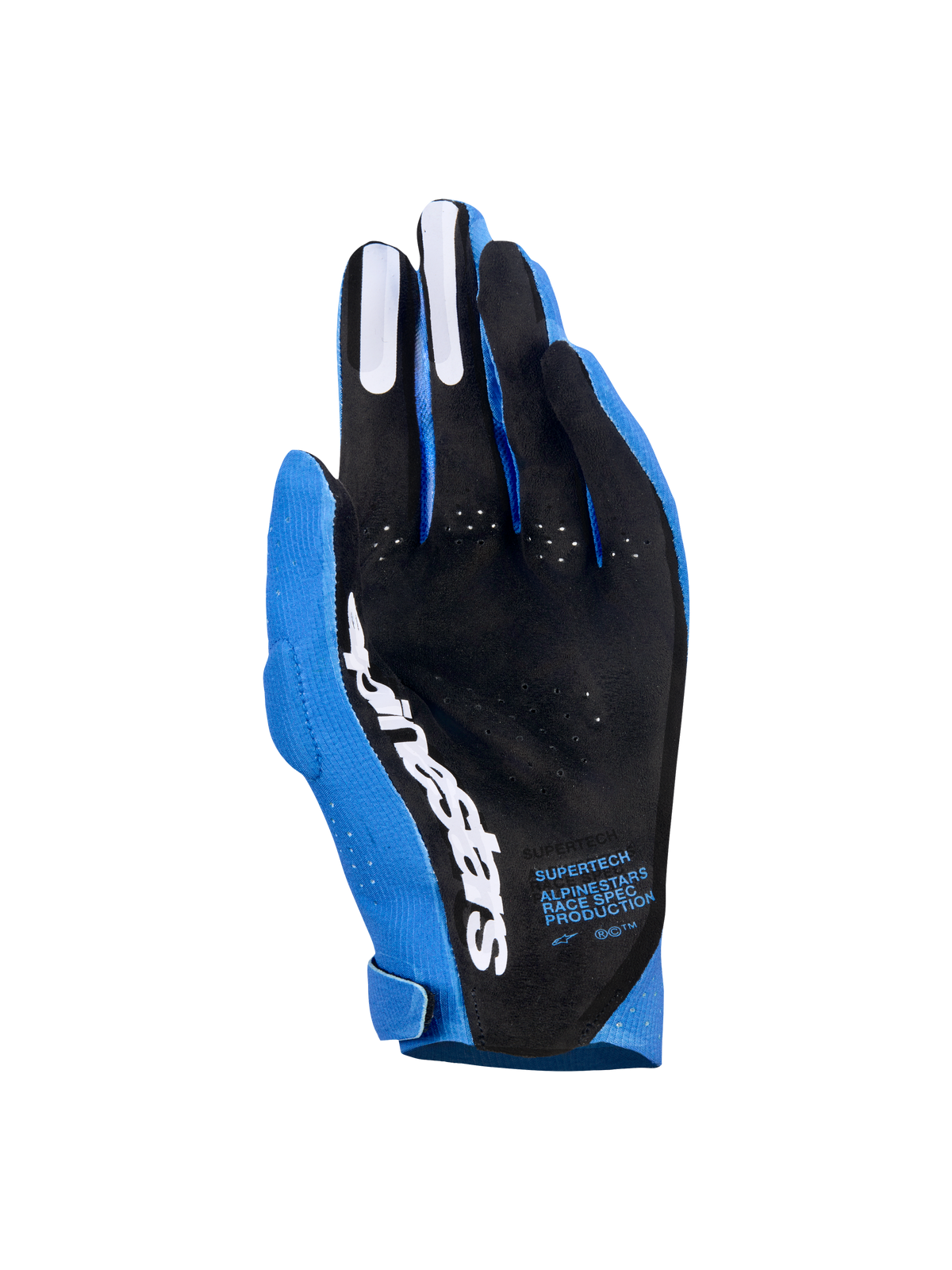 Guanti Alpinestars Supertech MX, guanti da motocross, blu Ucla e blu scuro con accenti bianchi, vista del palmo con materiale traforato nero, logo Alpinestars bianco, inserti grip in silicone sulle dita e testo tecnico, attrezzatura professionale per corse fuoristrada