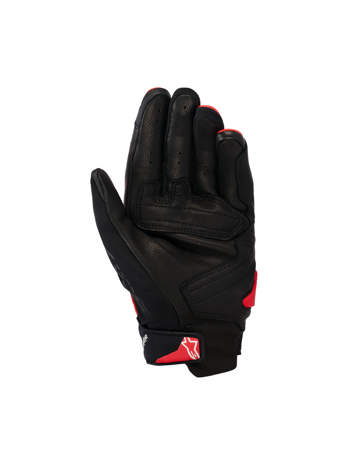 Alpinestars guanti SP X 7, guanti da moto a polsino corto, nero e rosso brillante, vista del palmo con costruzione in pelle traforata, pannelli del palmo rinforzati e logo Astars rosso sul cinturino