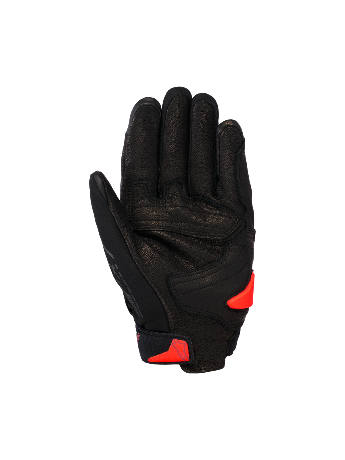 Alpinestars SP X 7 Gloves, guanti da moto sportivi corti, nero con accenti rosso fluo, vista del palmo con costruzione in pelle traforata, rinforzo sul palmo e slider in TPR