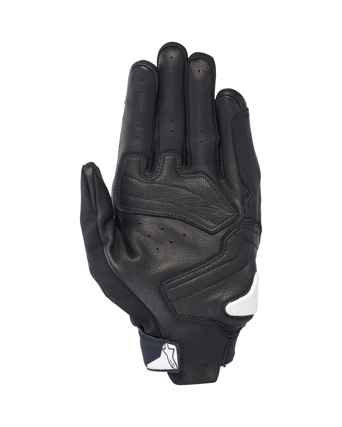 Guanti Alpinestars SP X 7, vista del palmo, nero con accenti bianchi, guanti da moto a polsino corto con pelle traforata, rinforzi sul palmo e logo Alpinestars bianco sulla chiusura del polso