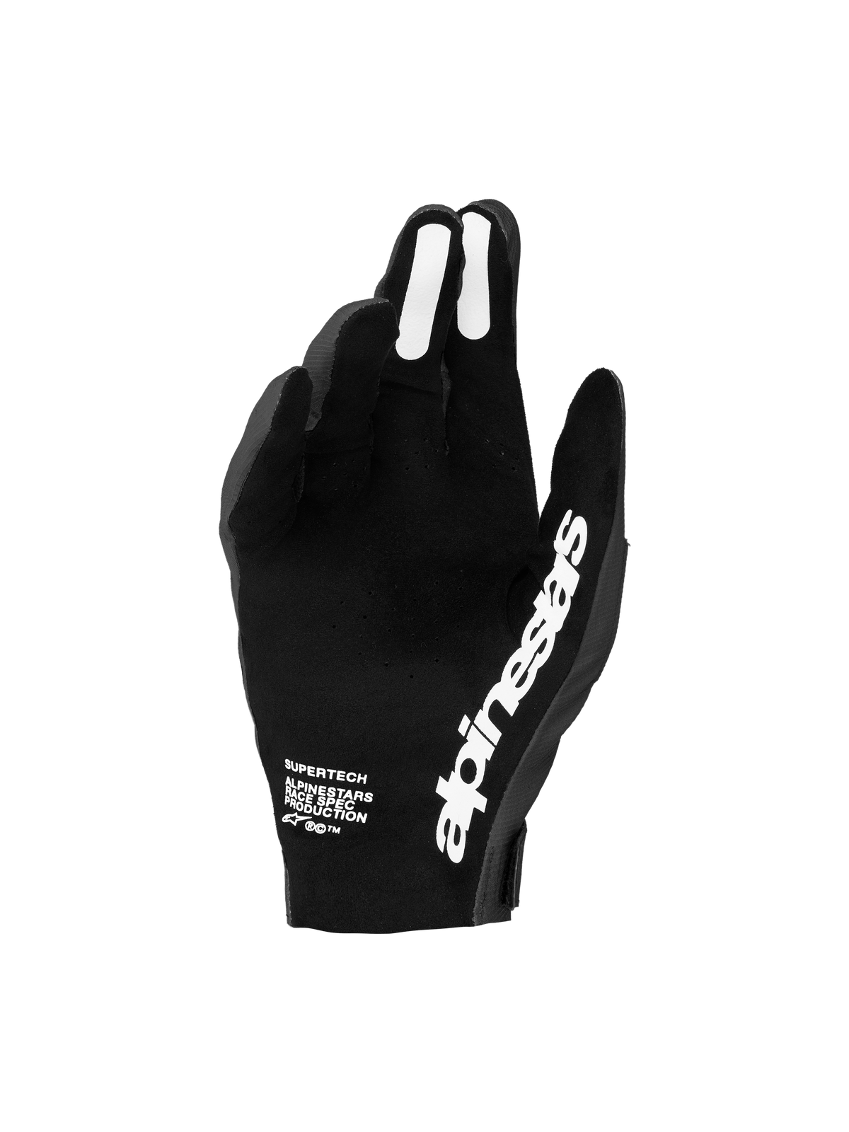 Alpinestars guanti Supertech MX 2027, guanti da gara motocross da uomo neri e bianchi, con palmo traforato per ventilazione e grip in silicone sulle dita per controllo preciso delle leve.