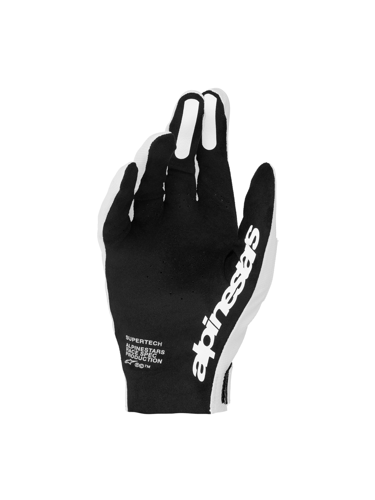 Alpinestars guanti Supertech MX, guanti da motocross neri e bianchi con palmi perforati per un controllo preciso della guida, grip in silicone e design racing leggero.