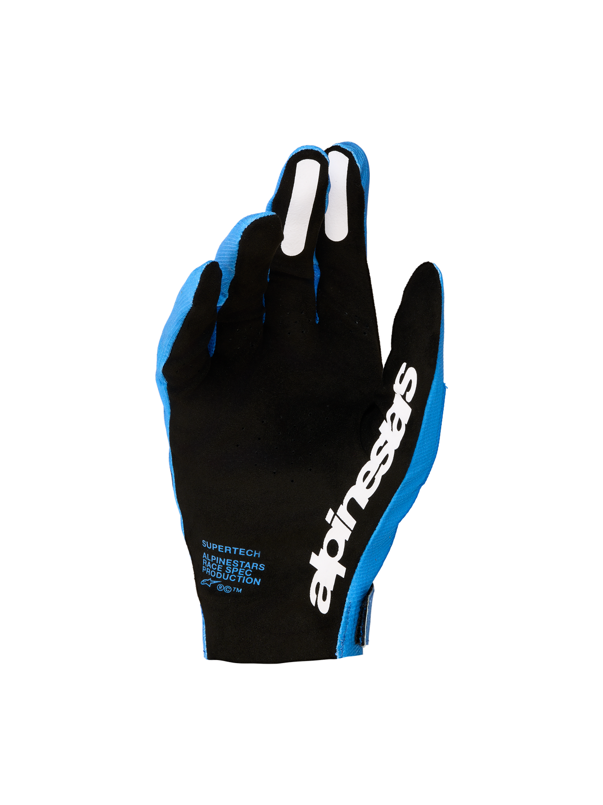 Alpinestars guanti Supertech MX 2027, guanti da motocross da uomo, blu e neri, palmo traforato con grip in silicone bianco sulle dita, logo bianco, design racing per fuoristrada