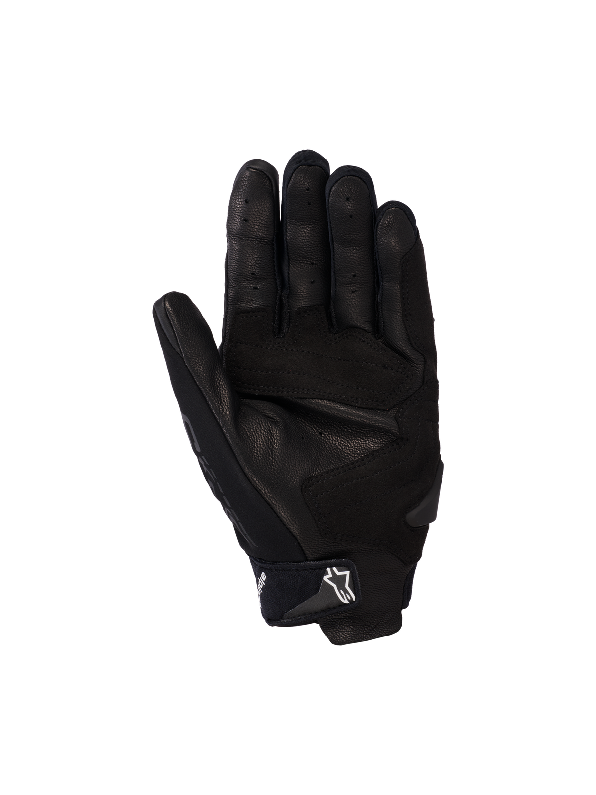Guanti Alpinestars SP X 5 Air, guanti da moto, neri, vista del palmo con pelle traforata, slider del palmo rinforzati e cinturino regolabile sul polso con logo a stella bianco, abbigliamento protettivo sportivo