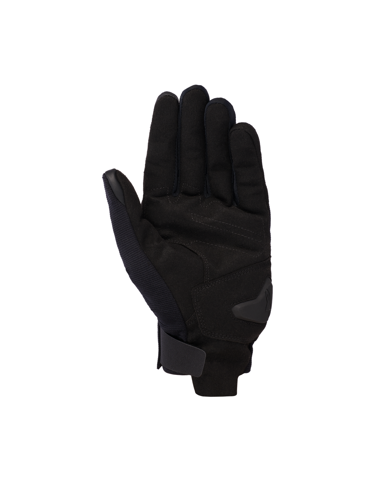 Guanti Alpinestars Reef V2, nero, guanti da moto a polsino corto, vista del palmo in pelle scamosciata sintetica, imbottitura rinforzata e chiusura del polso con gancio e anello, design urbano moderno per guida su strada
