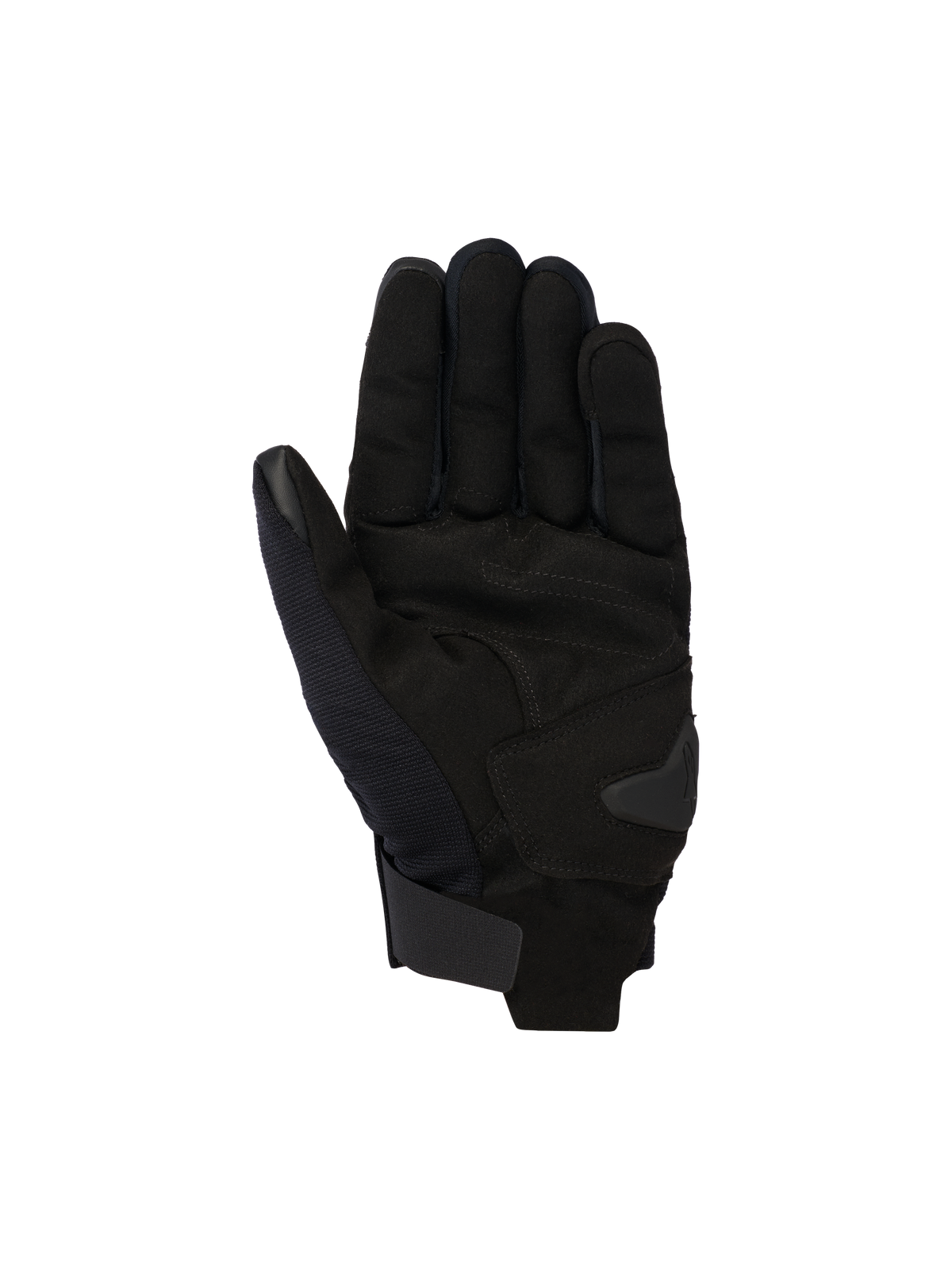Guanti Alpinestars Reef V2, guanti da moto urban neri, vista del palmo con costruzione in camoscio sintetico e imbottitura rinforzata, polsino corto con chiusura a strappo, indice e pollice compatibili con touchscreen, design ergonomico per la guida su strada