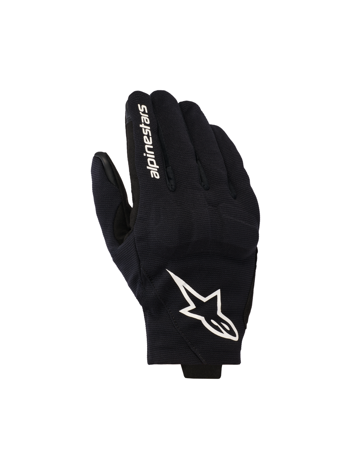 Guanti Alpinestars Reef V2, guanti da moto neri e bianchi, caratterizzati da un dorso in tessuto elasticizzato testurizzato con un vistoso logo a stella bianco e scritta del marchio sull'indice, design urbano a polsino corto