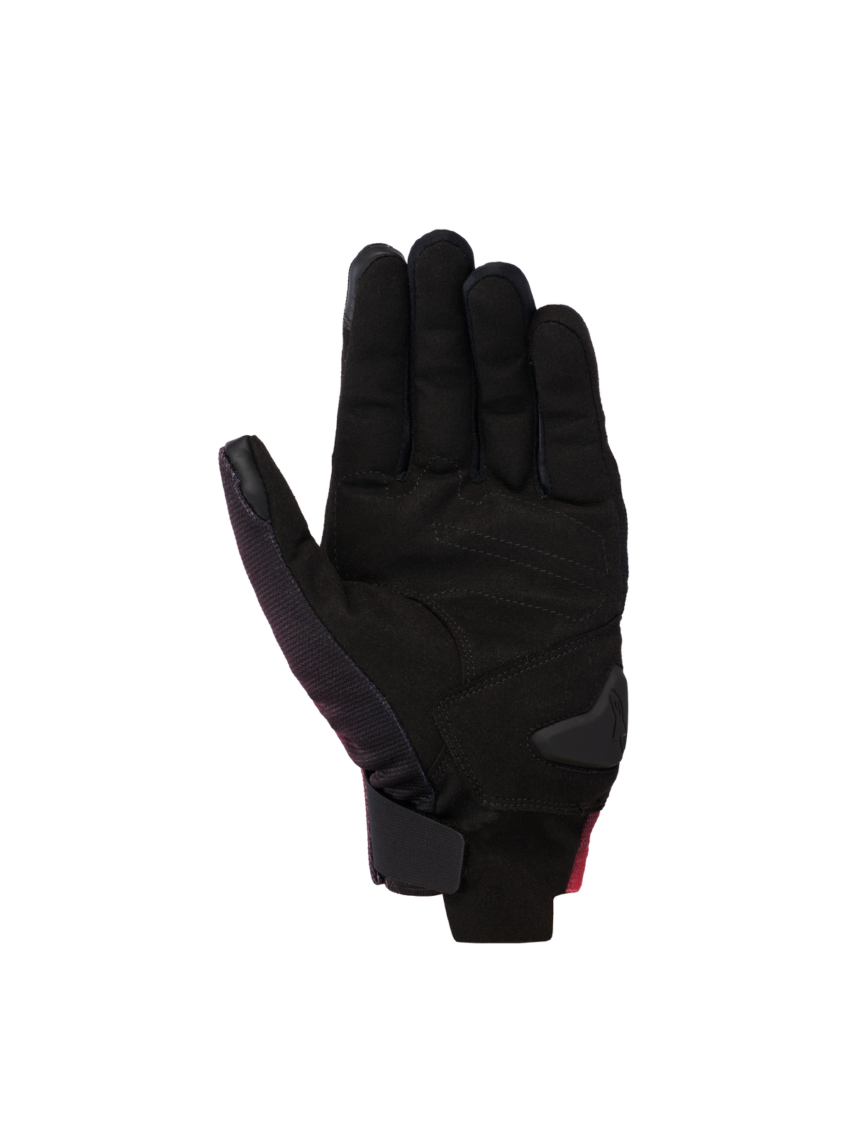 Guanti Alpinestars Reef V2, guanti da moto, nero rosso fluo bianco, vista del palmo in pelle scamosciata sintetica con rinforzi imbottiti, design a polsino corto con chiusura del polso a gancio e anello