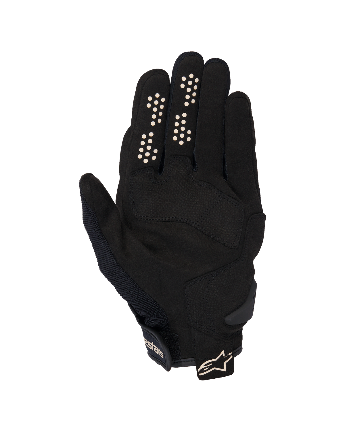 Guanti Alpinestars Chrome V2, guanti da moto urban, nero e mandorla, vista lato palmo con palmo in pelle scamosciata sintetica, punti di presa in silicone su indice e medio e polsino corto con cinturino regolabile e logo.