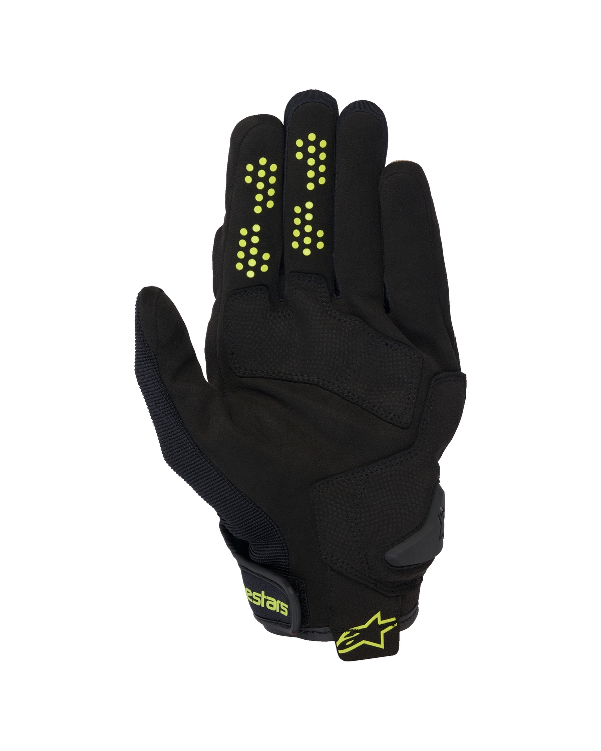 Guanti Alpinestars Chrome V2, guanti da moto a polsino corto, nero con dettagli giallo neon, vista del palmo in pelle scamosciata sintetica, punti di presa in silicone sulle dita e chiusura del polsino a strappo con logo Alpinestars