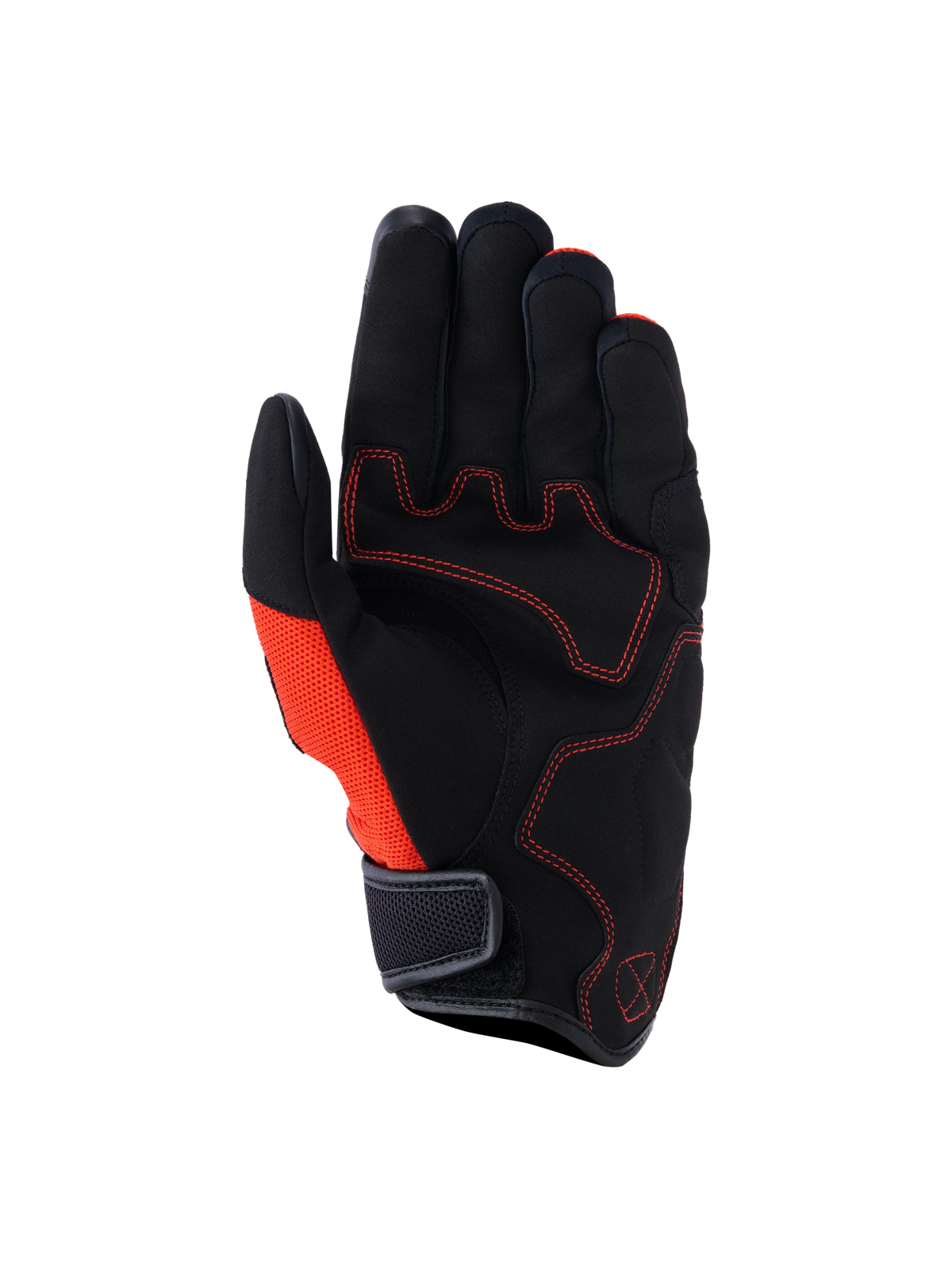 Guanti Alpinestars Ignite, vista del palmo, nero e rosso tangerine, palmo in pelle scamosciata sintetica con cuciture rosse a contrasto, pannello laterale in mesh, polsino corto con chiusura a strappo, abbigliamento da moto urbano
