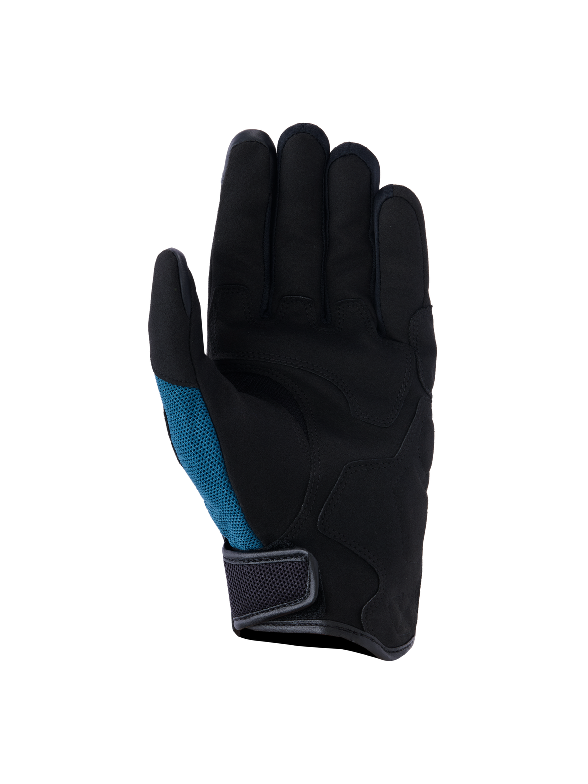 Guanti Alpinestars Ignite, guanti da moto urban, blu indaco e nero, vista del palmo in pelle scamosciata sintetica con imbottitura strategica, inserto laterale in mesh verde petrolio e design a polsino corto con chiusura a strappo
