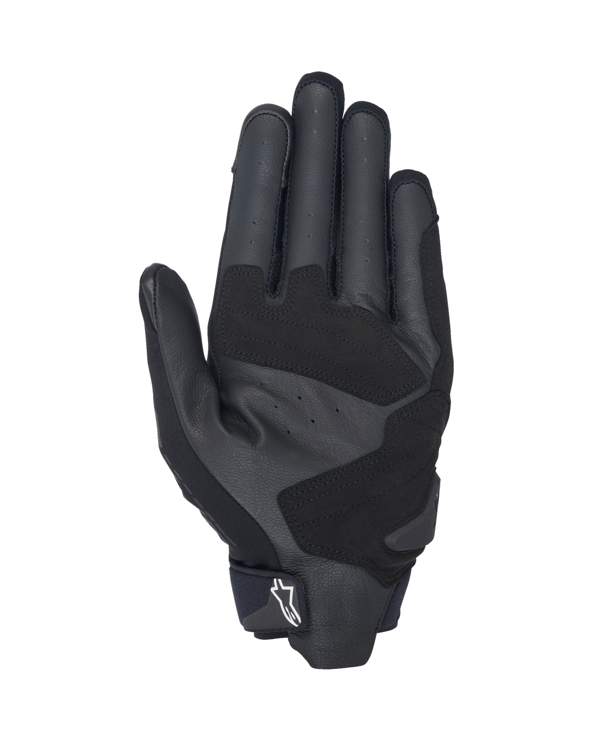 Guanti Alpinestars SP X 3, guanti da moto neri e bianchi, vista del palmo con pelle traforata per la ventilazione, inserti in pelle sintetica per grip e durata superiori, zone d'impatto rinforzate e design a polsino corto con logo Alpinestars bianco sulla linguetta