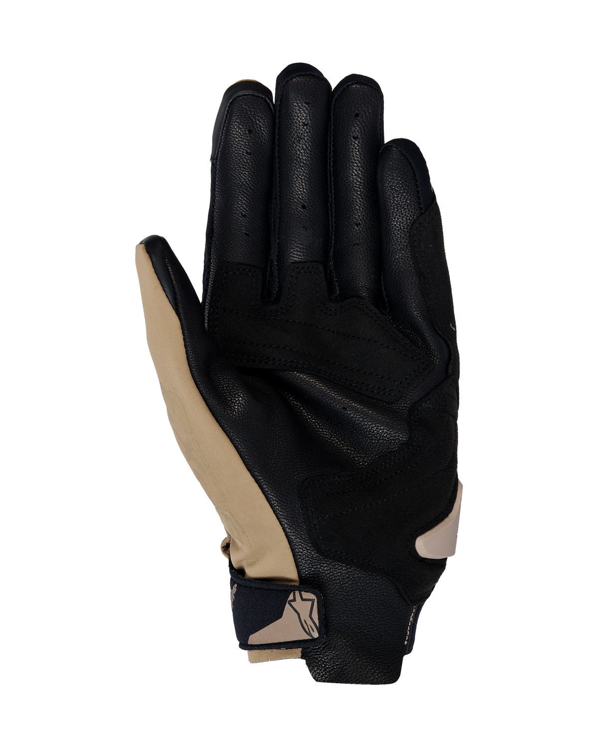 Guanti Alpinestars SP X 3, guanti da moto, Dark Khaki Sand Nero, vista lato palmo con pelle nera traforata e sovrapposizioni sintetiche khaki, cinturino da polso compatto con logo, design ergonomico per guida sportiva e stradale