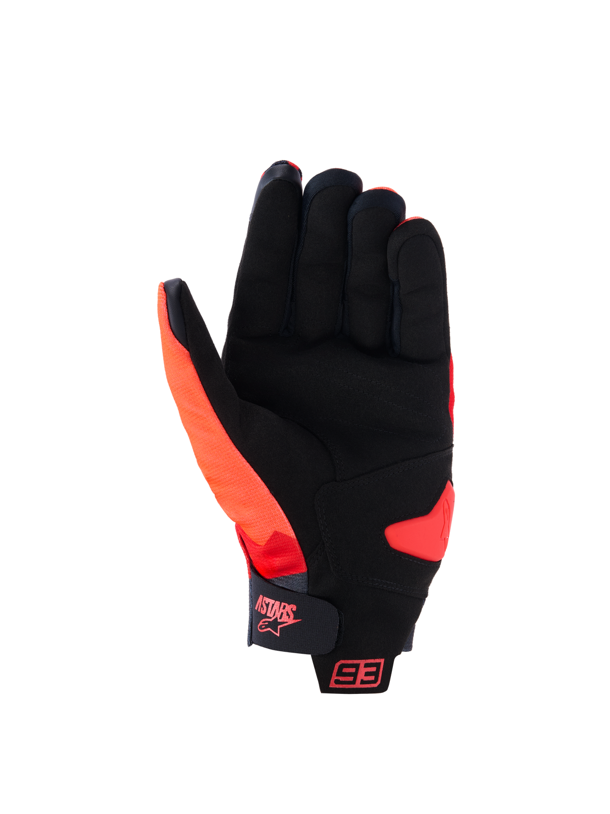 Guanti Alpinestars MM93 Reef V2, vista del palmo, rosso fluo, rosso acceso e nero, con palmo in pelle scamosciata sintetica e rinforzo imbottito, cinturino al polsino con logo Astars e marchio 93, guanti da moto urbani