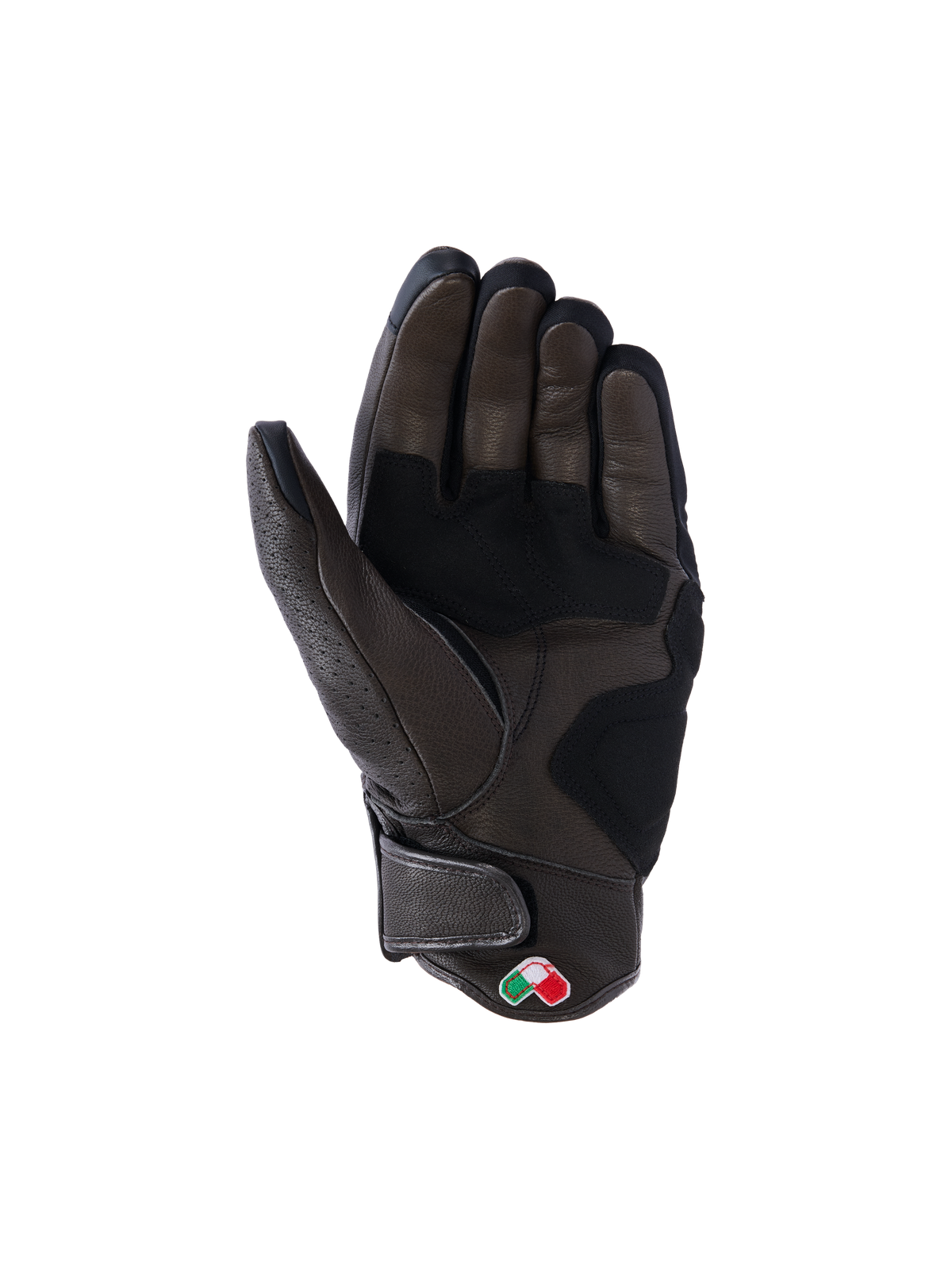 Guanti in pelle Alpinestars Mustang V3, marrone scuro e nero, vista lato palmo, con costruzione in pelle rinforzata, polsino corto con chiusura a strappo e piccola patch a scudo ricamata, abbigliamento da moto urbano