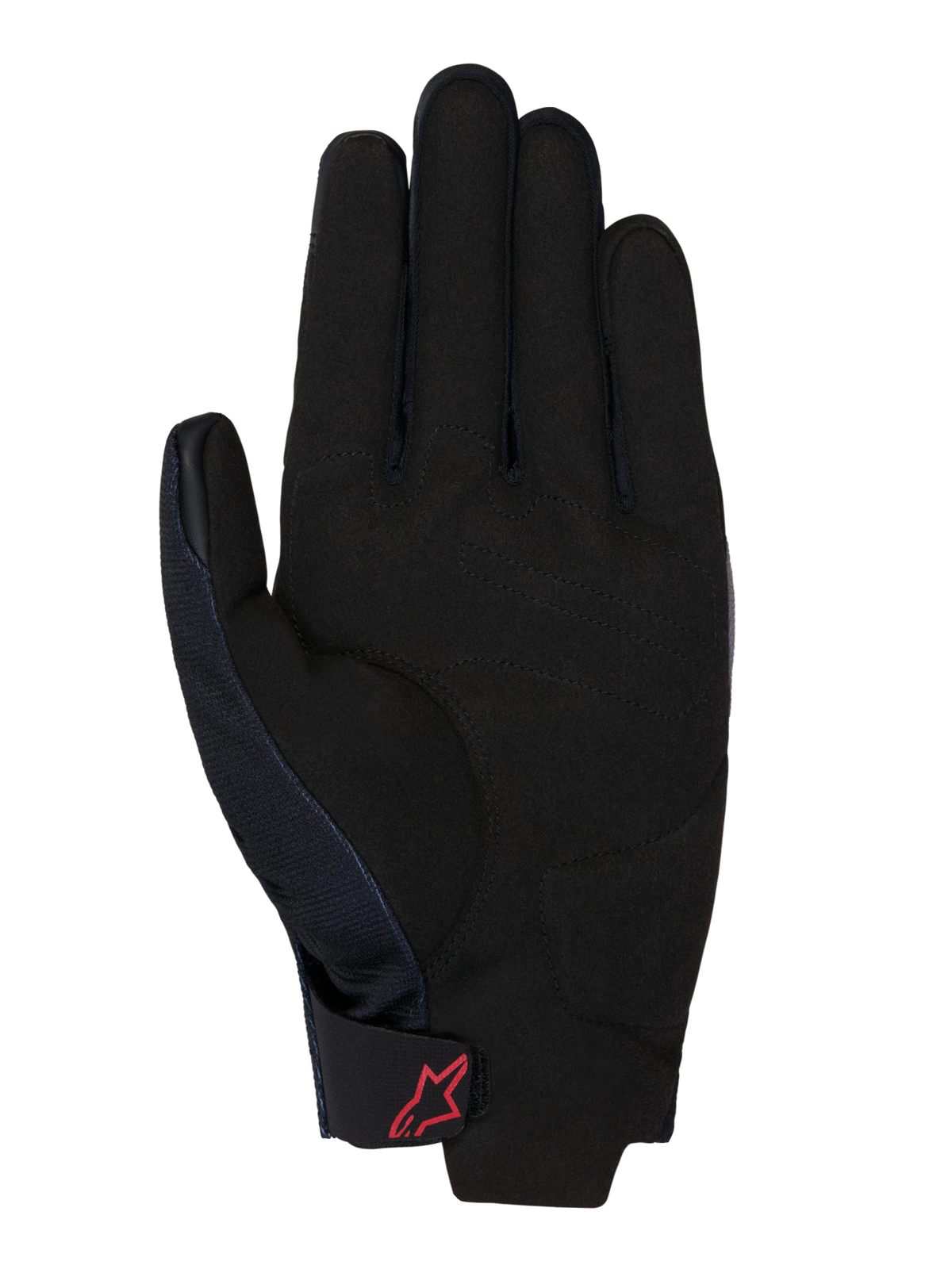 Guanti Honda Reef V2, vista del palmo, pelle scamosciata sintetica nera con rinforzo imbottito, logo Alpinestars rosso sul cinturino con gancio e anello, design a polsino corto per la guida in moto