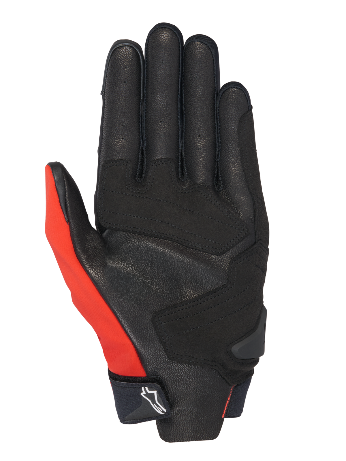 Guanti Alpinestars Honda SP X 3, guanti da moto, rosso acceso, nero e bianco, vista del palmo con pelle traforata e rinforzi sintetici, inserto sul pollice rosso acceso e polsino compatto con logo Alpinestars