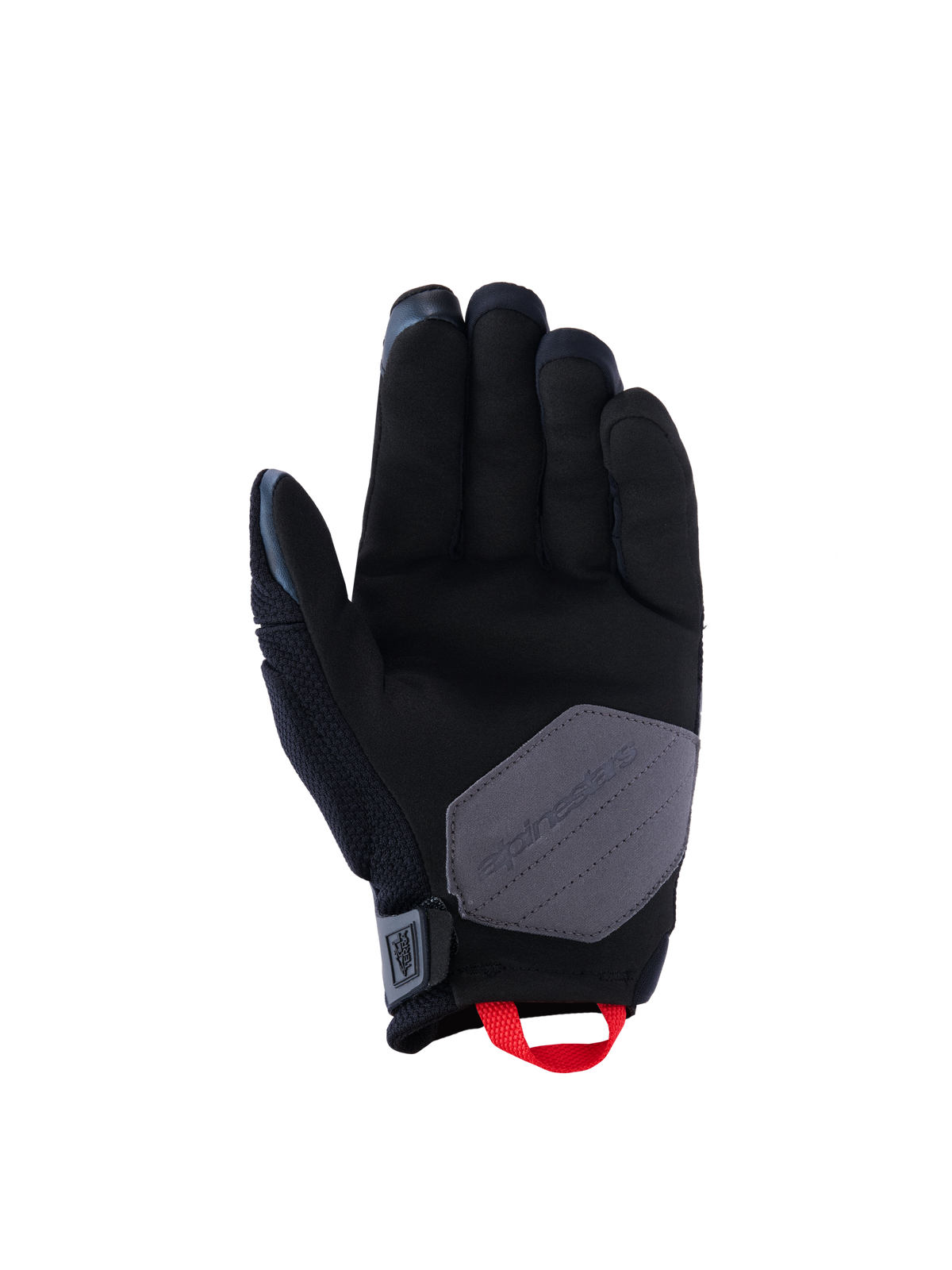 Guanti Alpinestars Durack, guanti da moto, nero, grigio scuro e rosso acceso, vista del palmo che mostra la costruzione in pelle scamosciata sintetica con un inserto di rinforzo grigio e asola rossa accesa, equipaggiamento per guida adventure e dual-sport