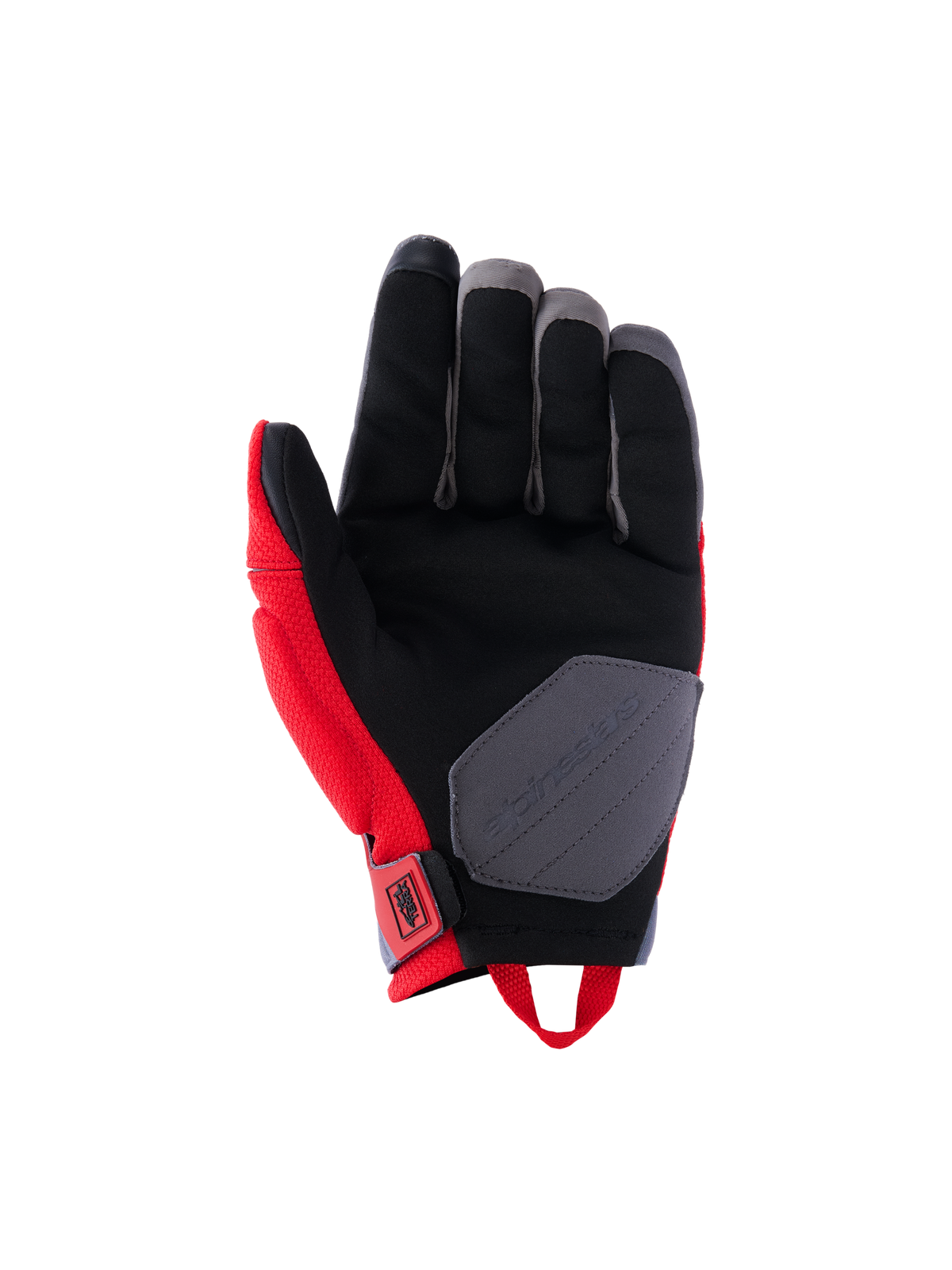 Guanti Alpinestars Durack, guanti da moto, rosso acceso e grigio medio, vista del palmo con struttura in pelle scamosciata sintetica, palmo nero con inserto di rinforzo grigio, pannelli laterali rossi e asola per il polso