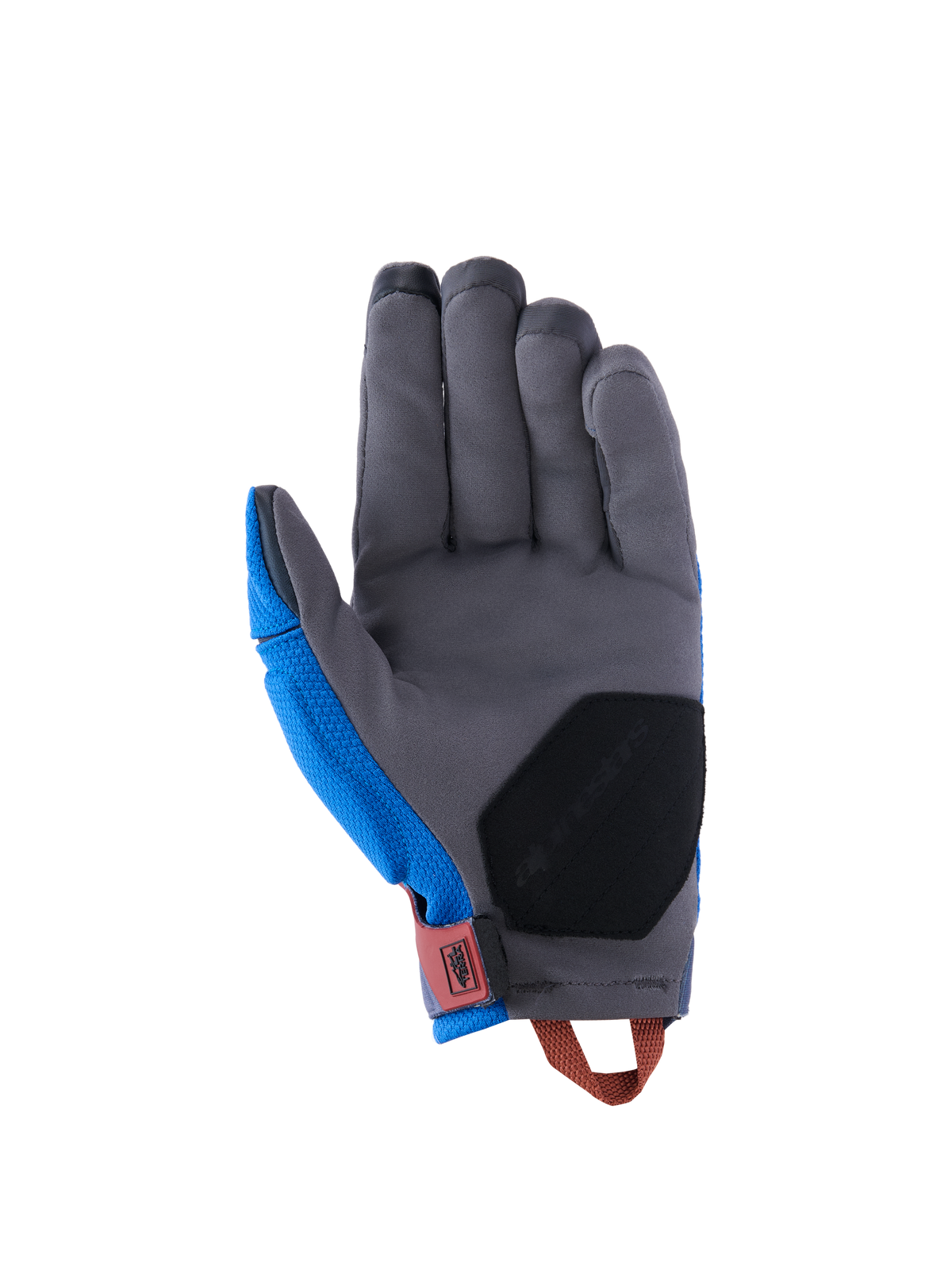 Guanti Alpinestars Durack, guanti da moto adventure, blu reale e grigio scuro, vista del palmo con struttura in pelle scamosciata sintetica grigia, imbottitura di rinforzo nera sulla base del palmo, linguetta del polso rossa e asola di trazione arancione.