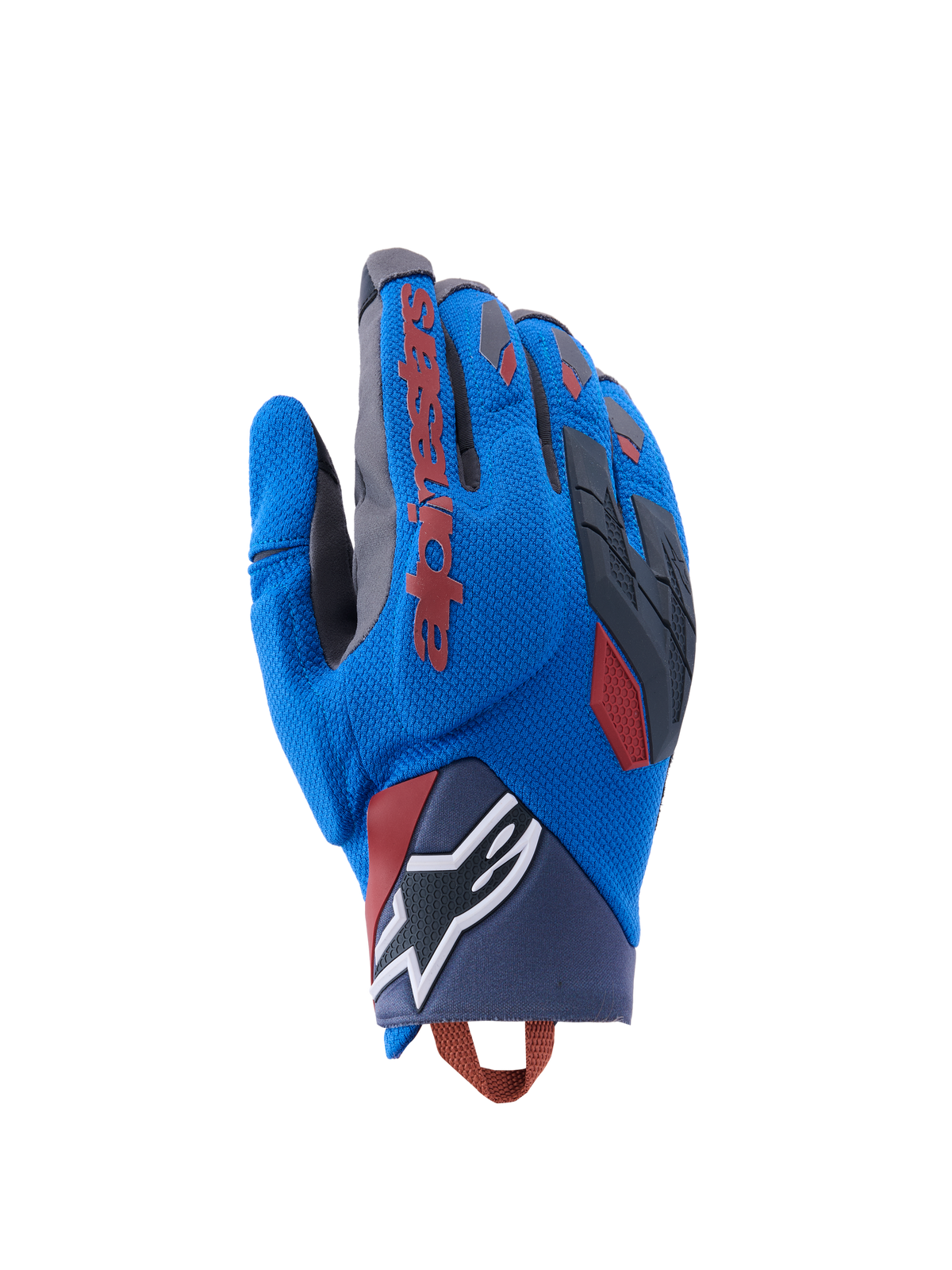 Guanti Alpinestars Durack, guanti da moto adventure, blu reale e grigio scuro, dorso in tessuto con protezione delle nocche in TPR, logo Alpinestars rosso sull'indice, logo a stella bianco sul polso, protezione leggera estiva dual sport