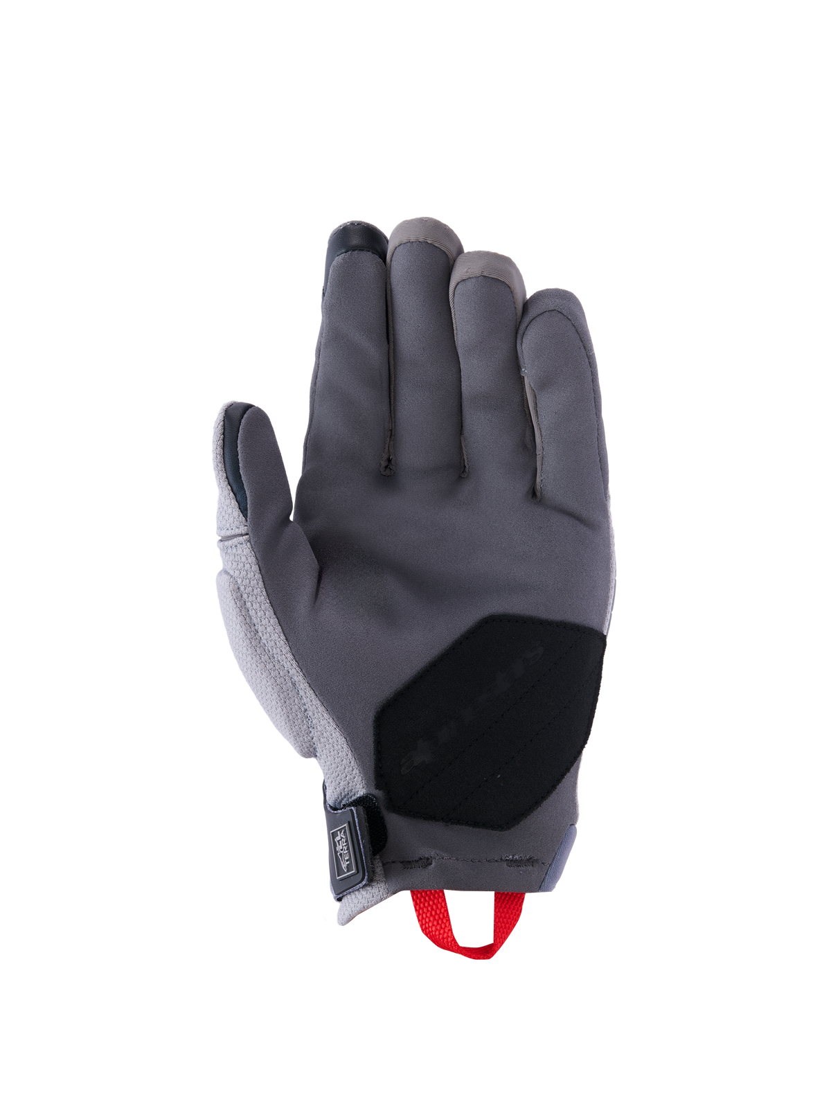 Guanti Alpinestars Durack, guanti da moto, grigio scuro e grigio medio, vista del palmo con costruzione in pelle scamosciata sintetica e rinforzo nero, passante rosso e chiusura del polso in neoprene, equipaggiamento adventure a polsino corto