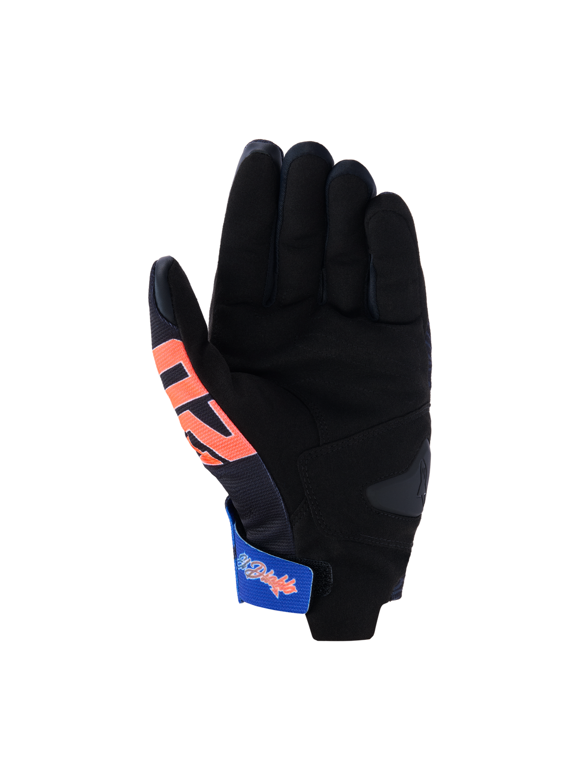 Guanti Alpinestars FQ20 Reef V2 Monster, guanti da moto, nero con accenti rossi e blu, vista del palmo in pelle scamosciata sintetica, rinforzo imbottito e cinturino regolabile blu con grafica, design racing e sportivo a polsino corto