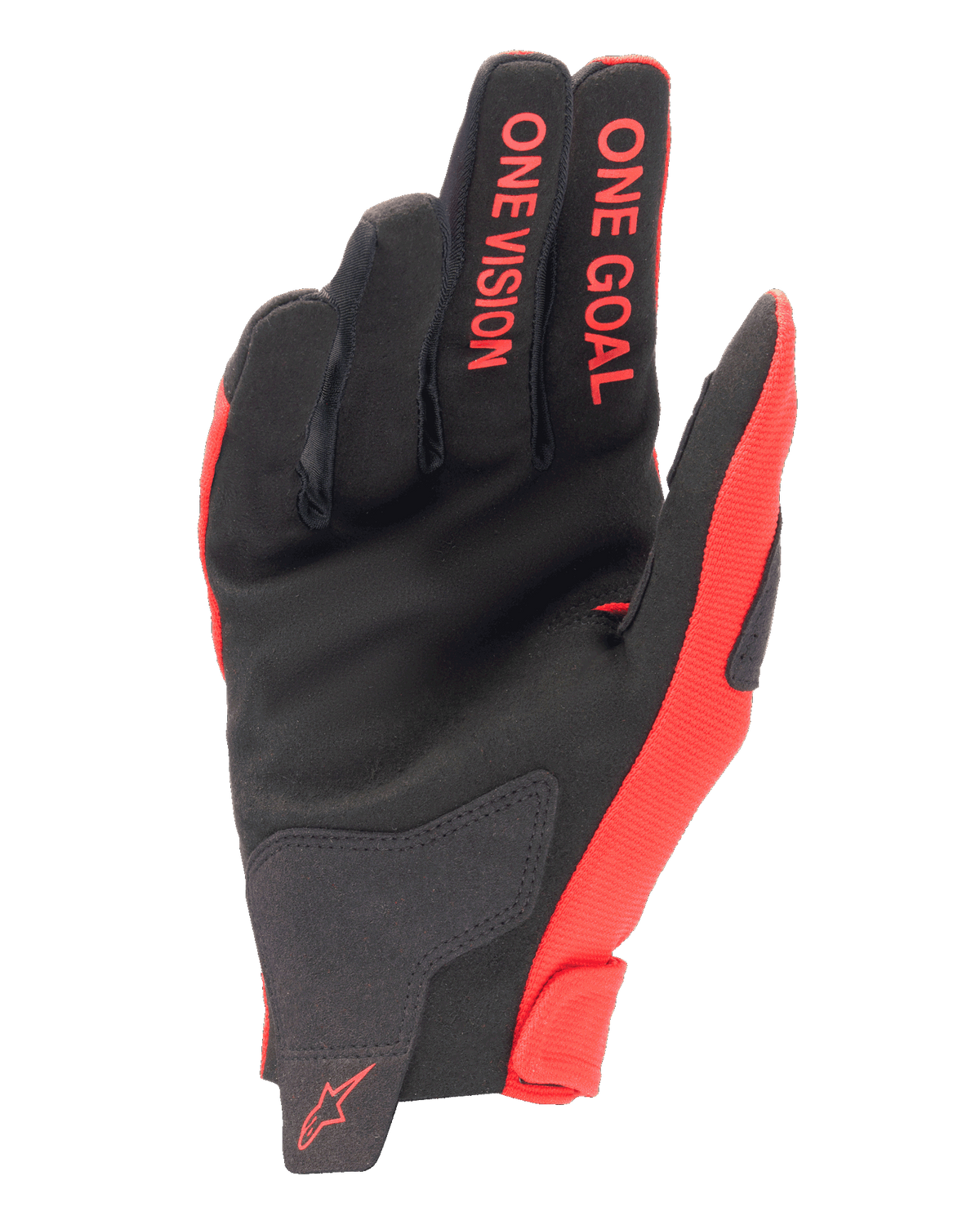Alpinestars 2025 Radar Gloves, guanti da motocross, Rosso Marte e nero, vista del palmo in camoscio sintetico, scritte rosse 'ONE GOAL' e 'ONE VISION' sulle dita, logo rosso sul polso, equipaggiamento performante da fuoristrada