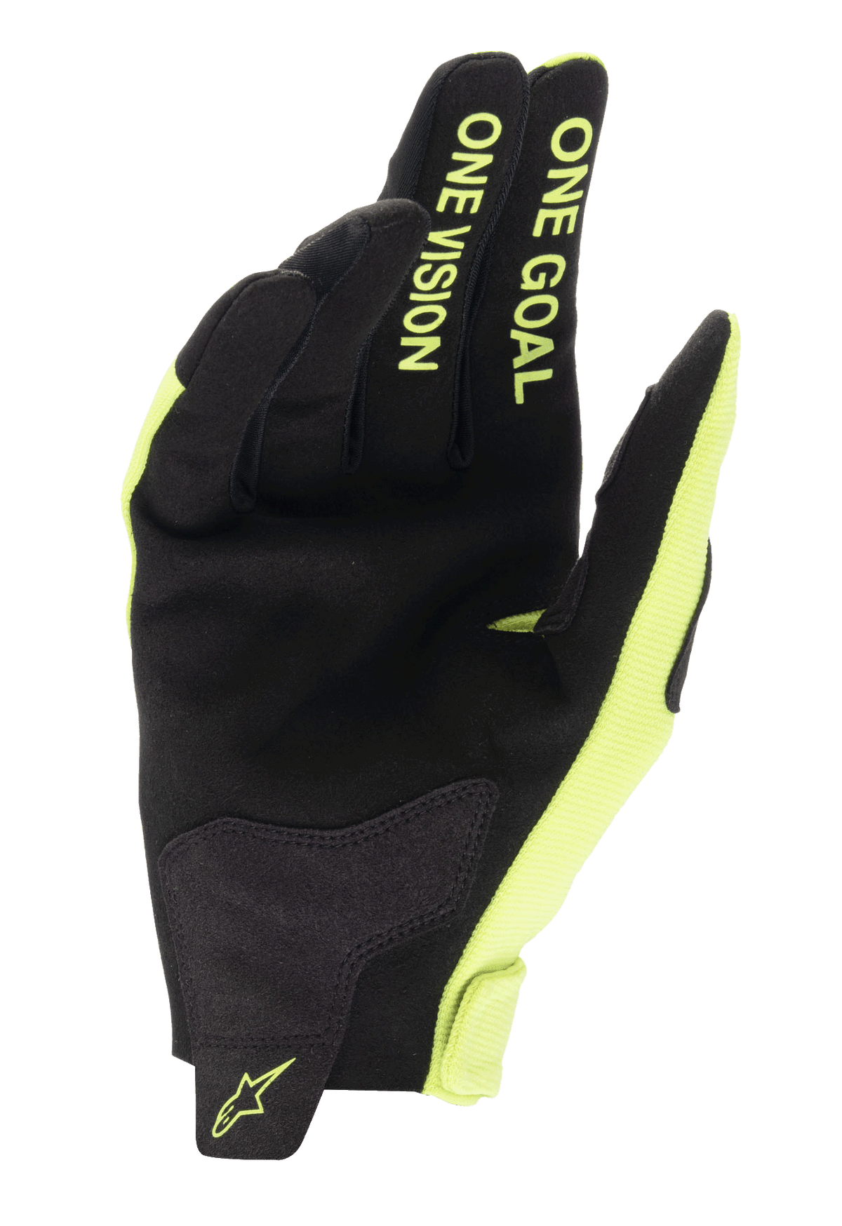 Alpinestars guanti Radar 2025, guanti motocross, nero e giallo fluo, palmo sintetico con testo One Goal One Vision.