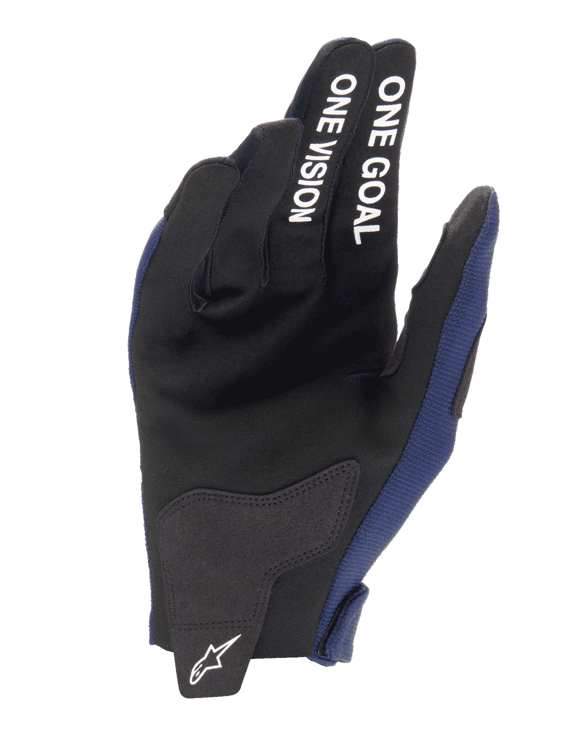Guanti Alpinestars Radar 2025, guanti da motocross, blu notte e bianco, vista del palmo con rinforzi in camoscio sintetico e scritta bianca 'ONE GOAL ONE VISION' sulle dita, logo Alpinestars bianco sulla linguetta di chiusura