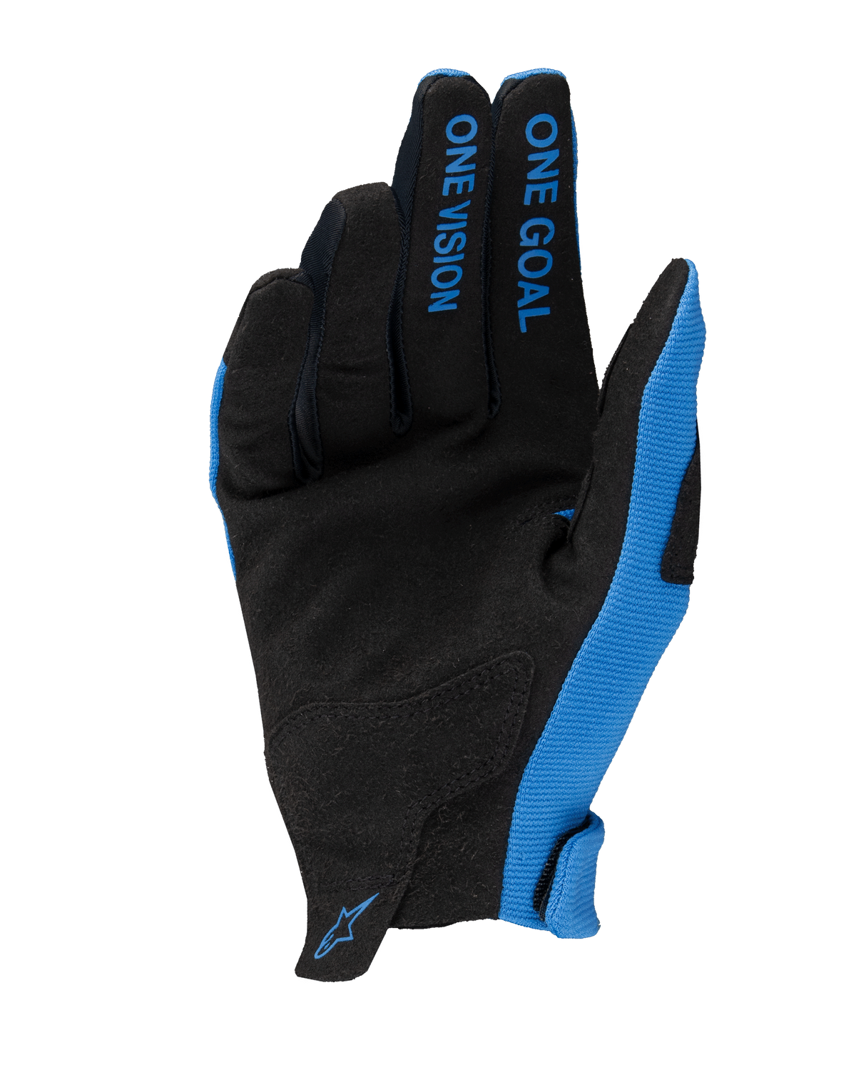 Alpinestars 2025 Radar Gloves, guanti da motocross, blu e nero, vista del palmo in pelle scamosciata sintetica, scritta 'ONE GOAL ONE VISION' sulle dita, pannelli laterali blu e piccolo logo sul polso, design leggero per corse fuoristrada