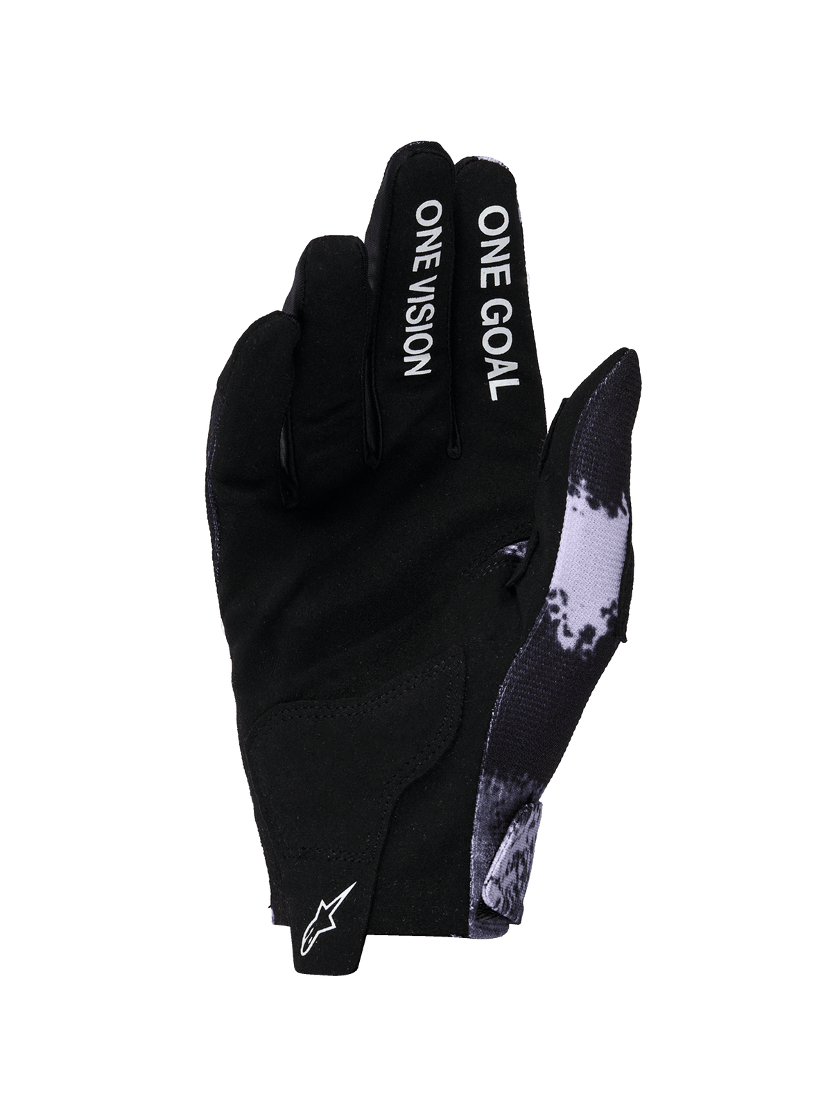 Guanti Alpinestars Radar 2026, guanti da motocross, Iron Camo e nero, vista del palmo con costruzione in pelle scamosciata sintetica, scritta 'ONE GOAL ONE VISION' sulle dita, logo Astars bianco sulla linguetta, design per prestazioni off-road