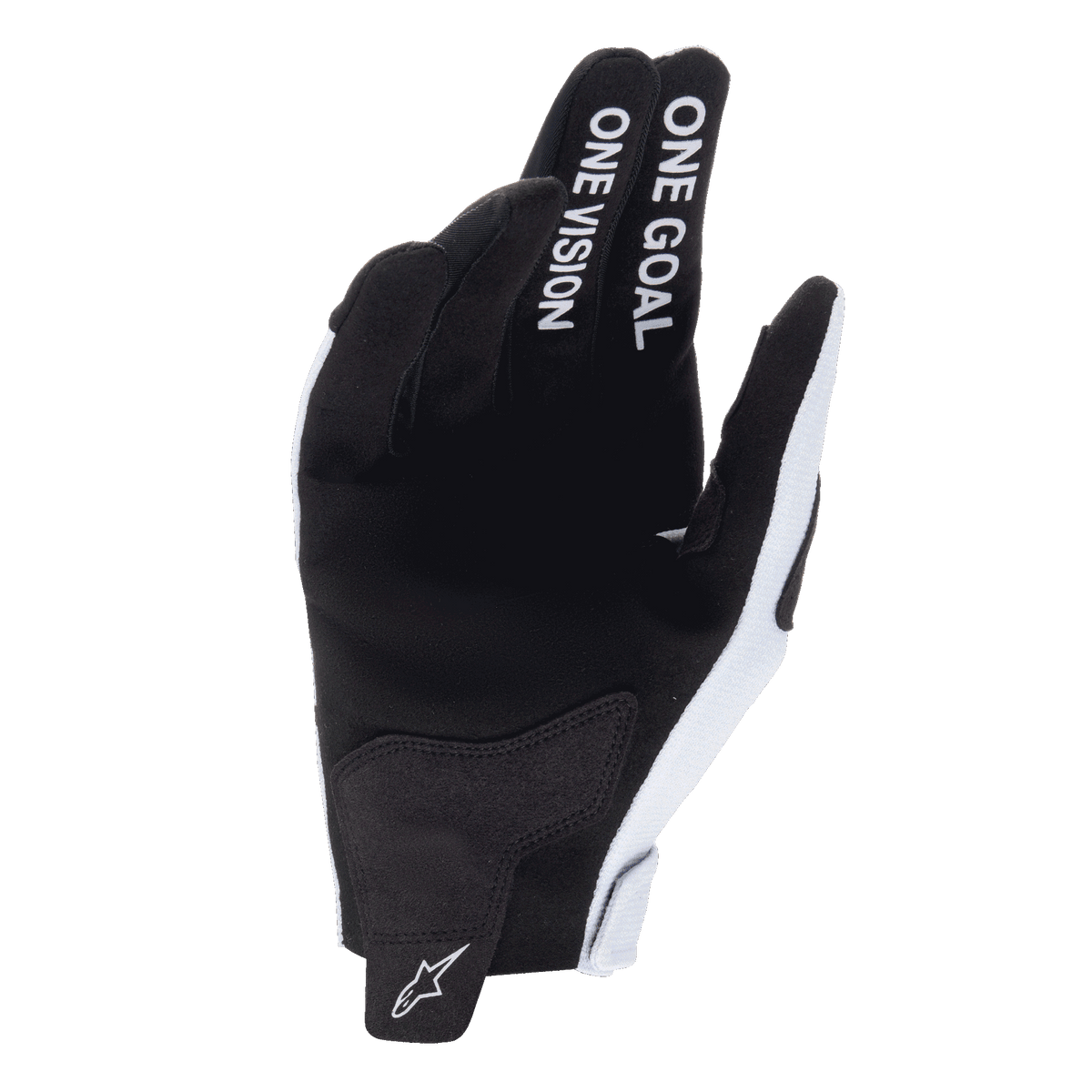 Alpinestars Guanti Radar 2025, guanti da motocross, grigio e nero, vista del palmo in camoscio sintetico, testo 'ONE GOAL ONE VISION' su indice e medio, logo bianco sul tirante del polso, design resistente per corse fuoristrada