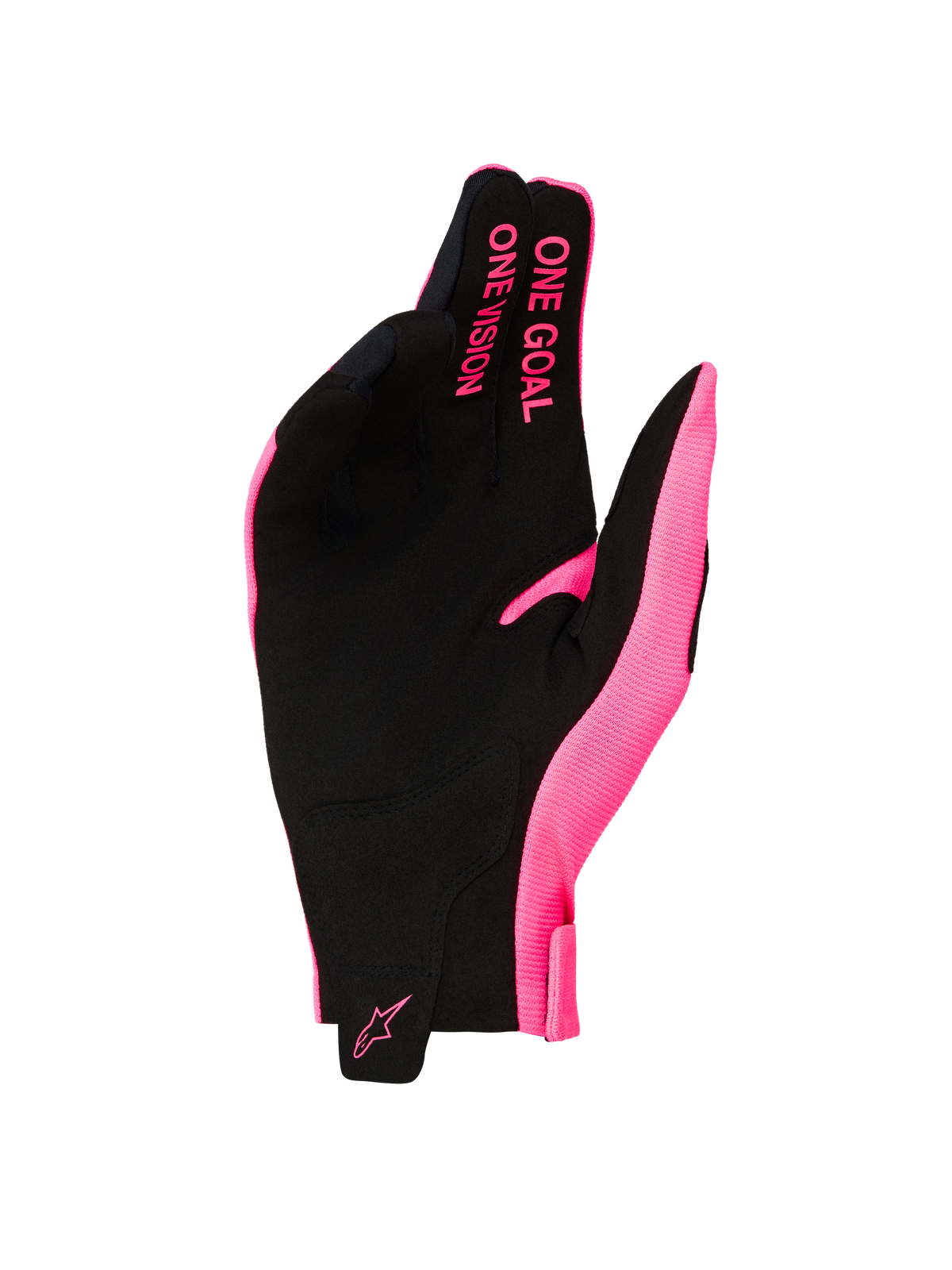 Alpinestars Guanti Radar 2027, guanti da motocross da uomo rosa fluo e neri, palmo in pelle scamosciata sintetica con slogan 'ONE GOAL ONE VISION' sulle dita e logo sul polso, ideali per performance off-road.