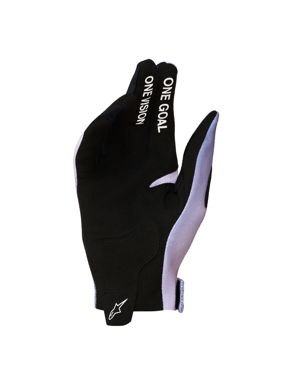 Alpinestars Guanti Radar 2027, guanti da moto motocross da uomo, neri e lilla, palmo in pelle scamosciata sintetica con scritta One Goal One Vision.