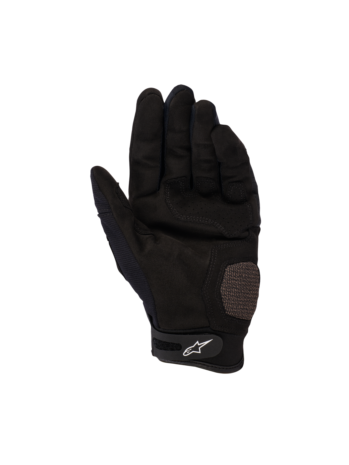 Guanti Alpinestars Megawatt V2, guanti da motocross ed enduro, nero, vista del palmo con sezioni rinforzate su palmo e pollice, trama traforata per la ventilazione, cinturino in velcro sul polso con logo Alpinestars bianco