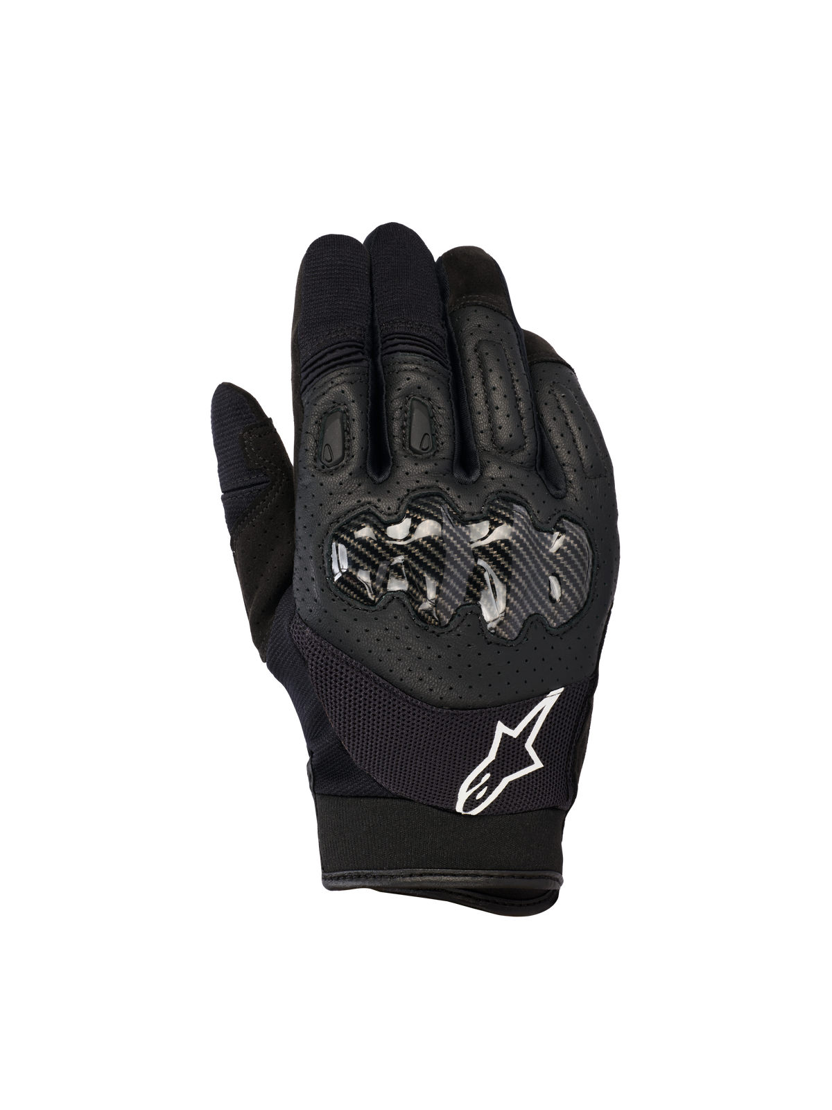 Guanti Alpinestars Megawatt V2, guanti da motocross ed enduro, neri, con protezione rigida per le nocche con finitura effetto carbonio, dorso in pelle traforata per la traspirabilità, logo Alpinestars bianco sul polsino, protezione durevole per il fuoristrada