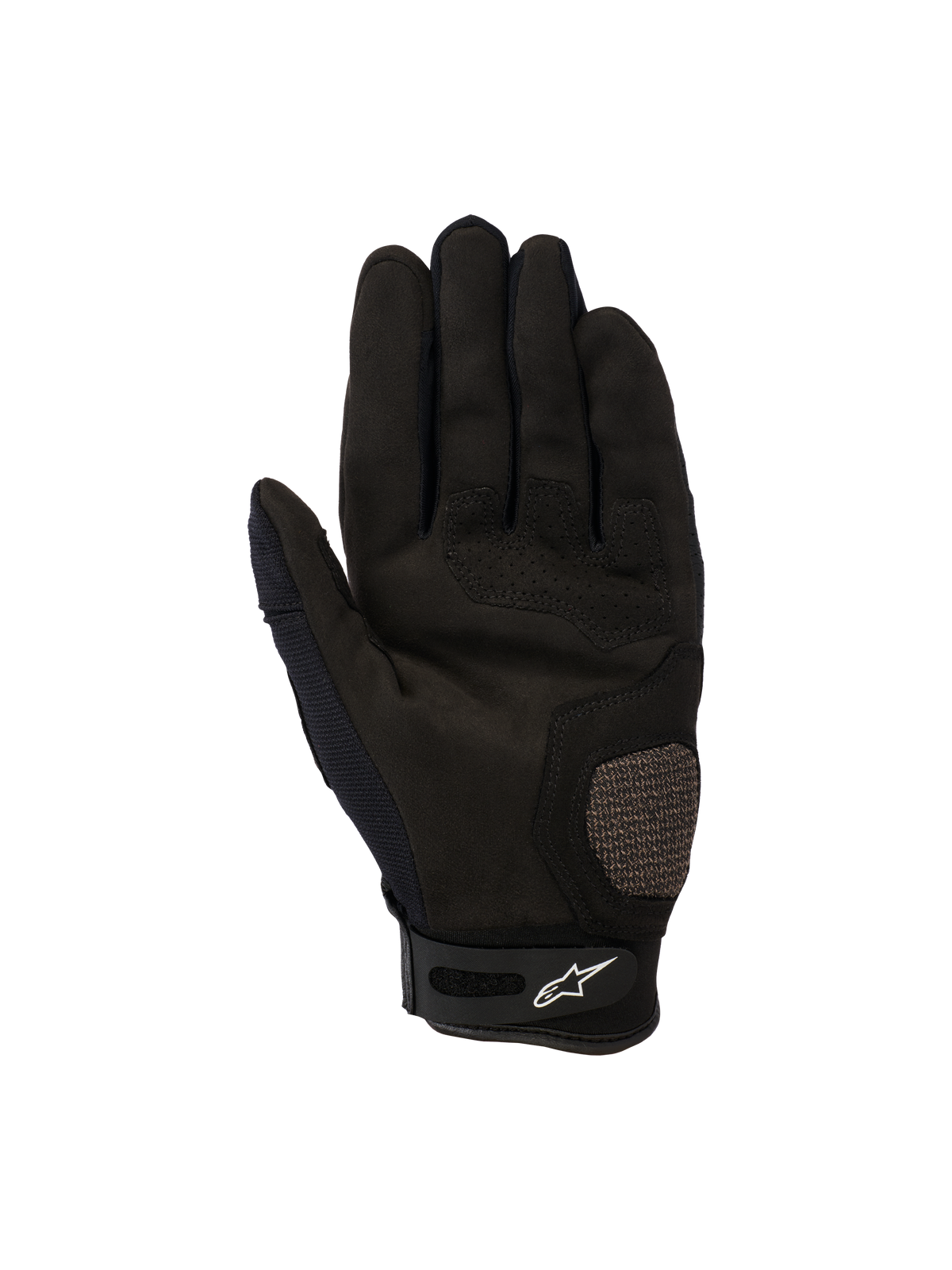 Guanti Alpinestars Megawatt V2, guanti da motocross ed enduro, nero, vista del palmo con zone rinforzate su pollice e palmo, dettagli traforati per la circolazione dell'aria e chiusura del polso in velcro con logo Alpinestars